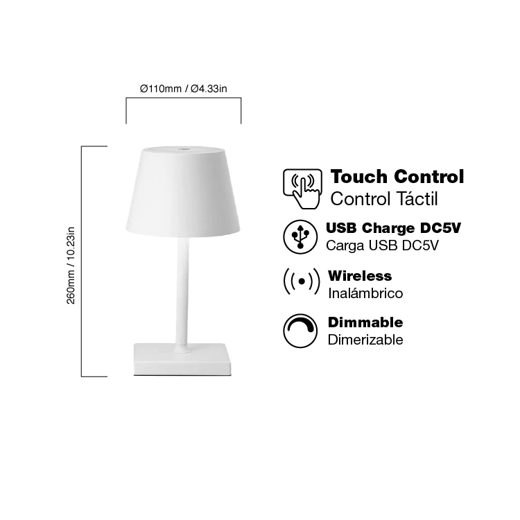 Lámpara de Aluminio Blanco, 3,5W  Blanco Calido Bateria 5200mAh