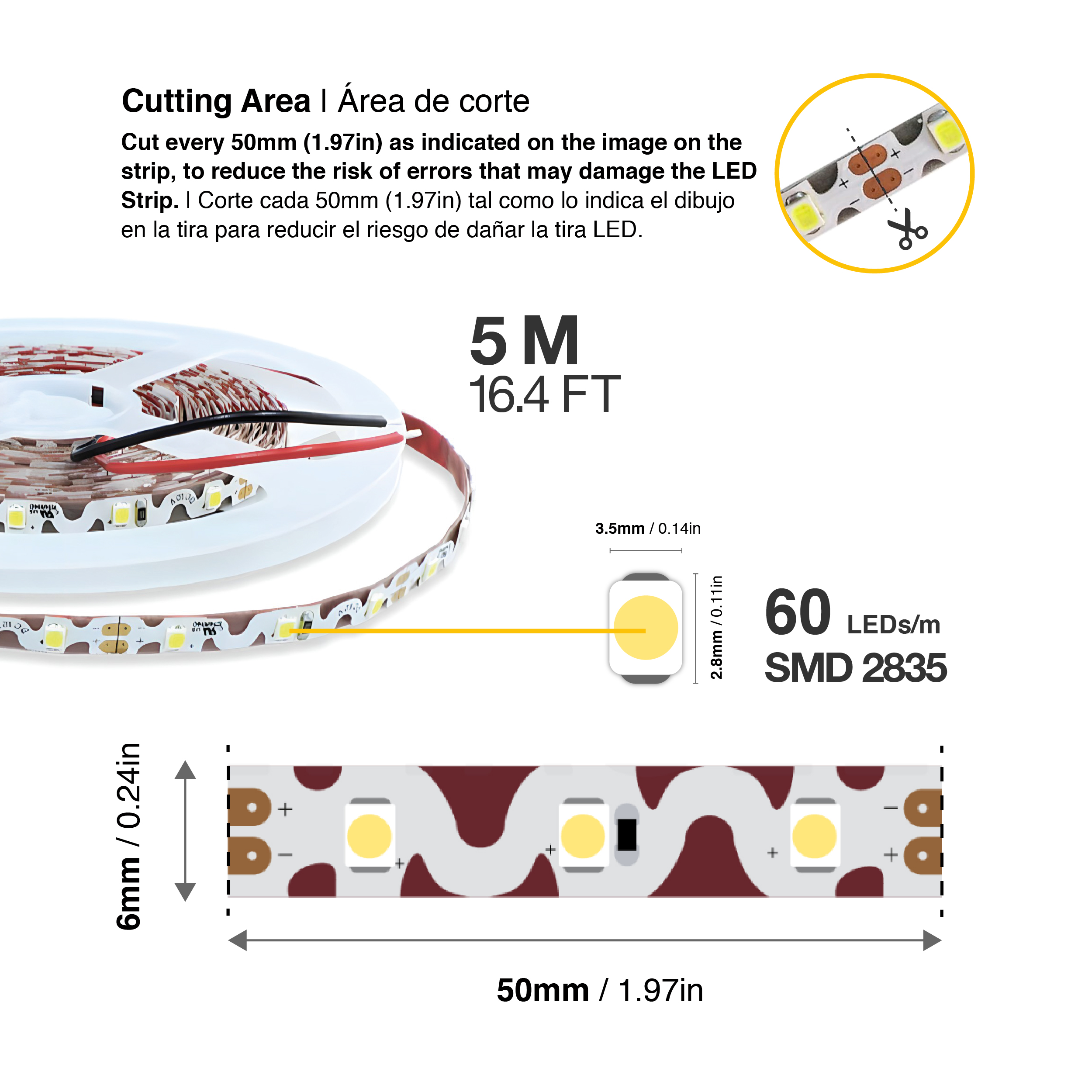 Tira LED Zig-Zag SMD2835 12V 6.2W/m Cálido 660 lm/m 60 LEDs/m, 5m