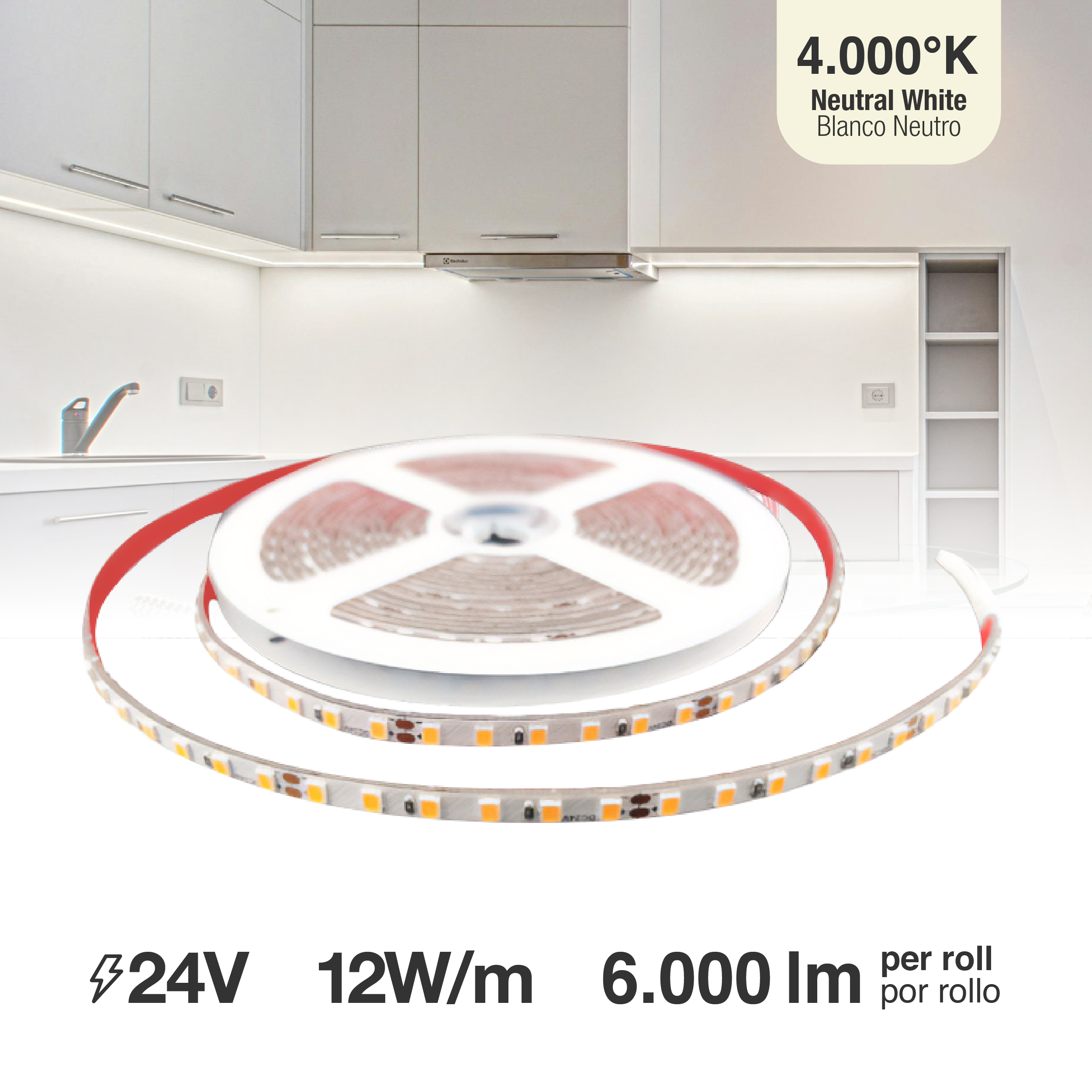 Tira LED SMD2835, 24V 12W/m Blanco neutro 4000ºK 1200 lm/m 120 LEDs/m, 5m