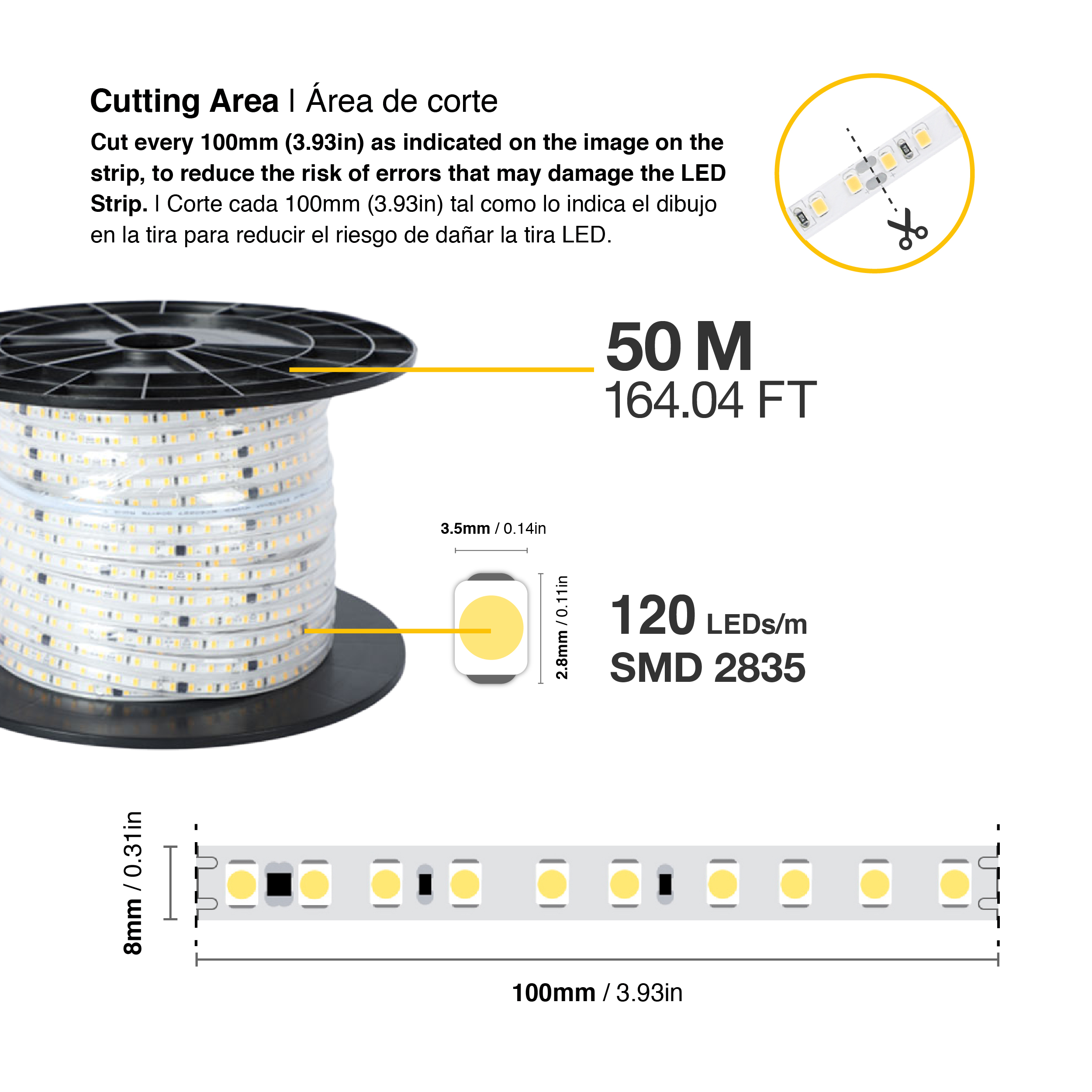 Tira Mini LED SMD2835 IP65 220V 8W/m Neutro 650lm/m 120LEDs/m 50m
