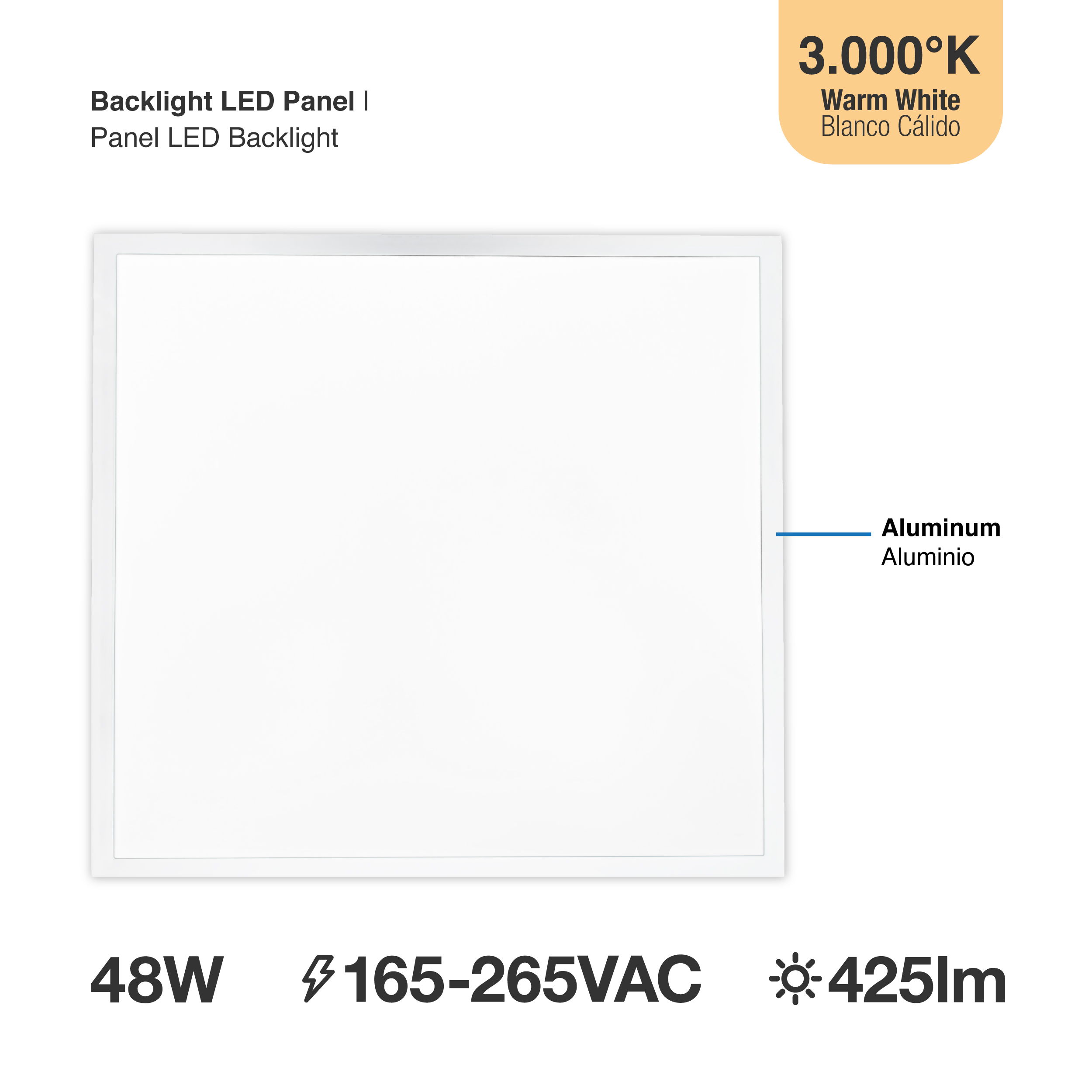 Panel LED BACKLIGHT de 60x60x3,8cm 48W 4800lm Blanco Cálido, de aplicar
