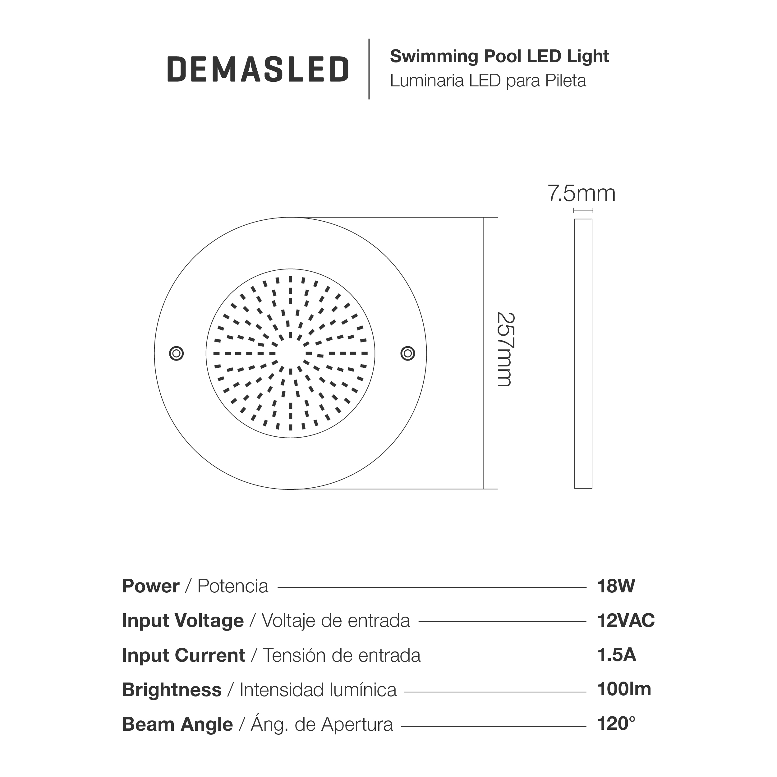 Luminaria para Pileta IP68 ø260mm Blanco Frío 18W