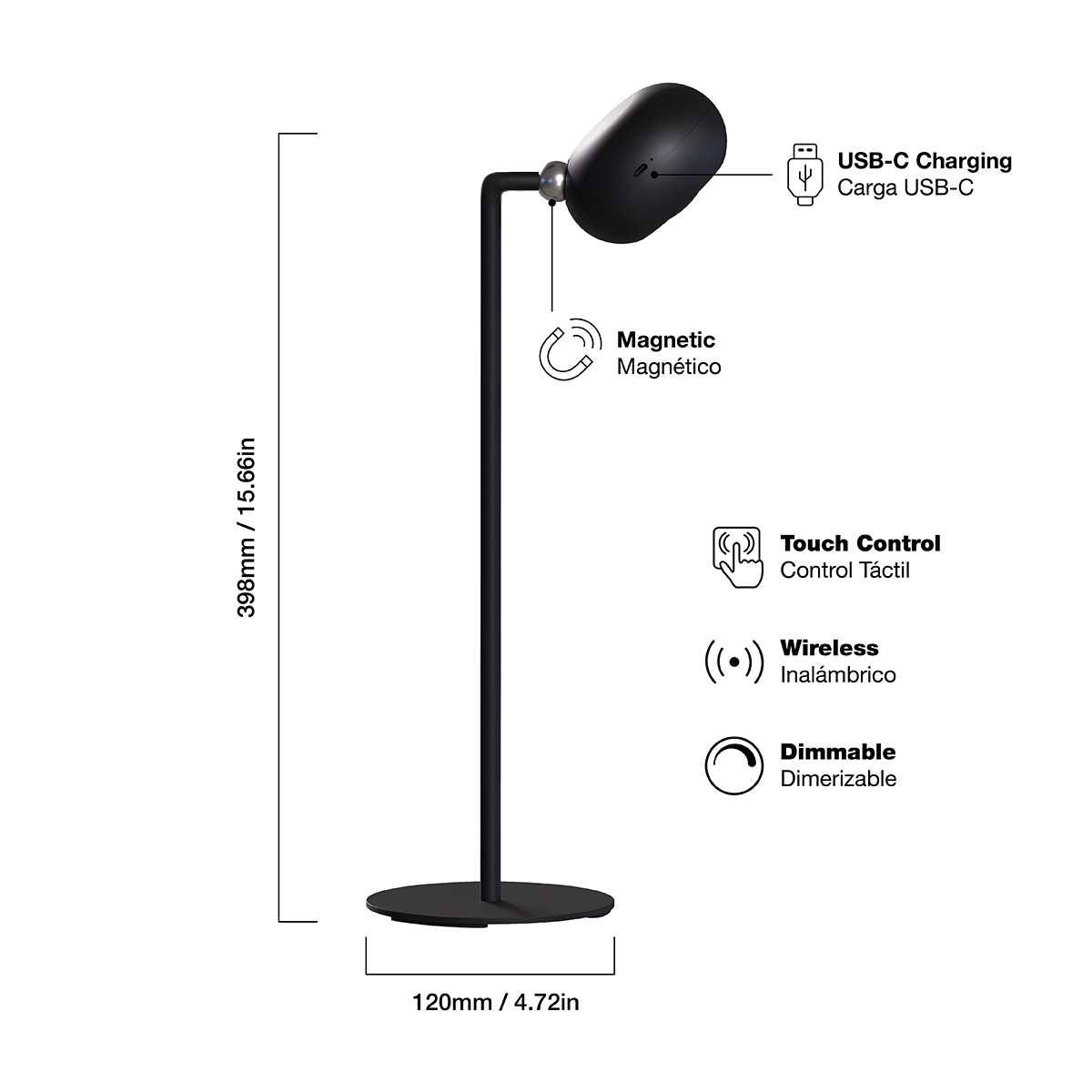 Lámpara de Mesa LED Magnética Negro 3W Mix Recargable 1800mAh