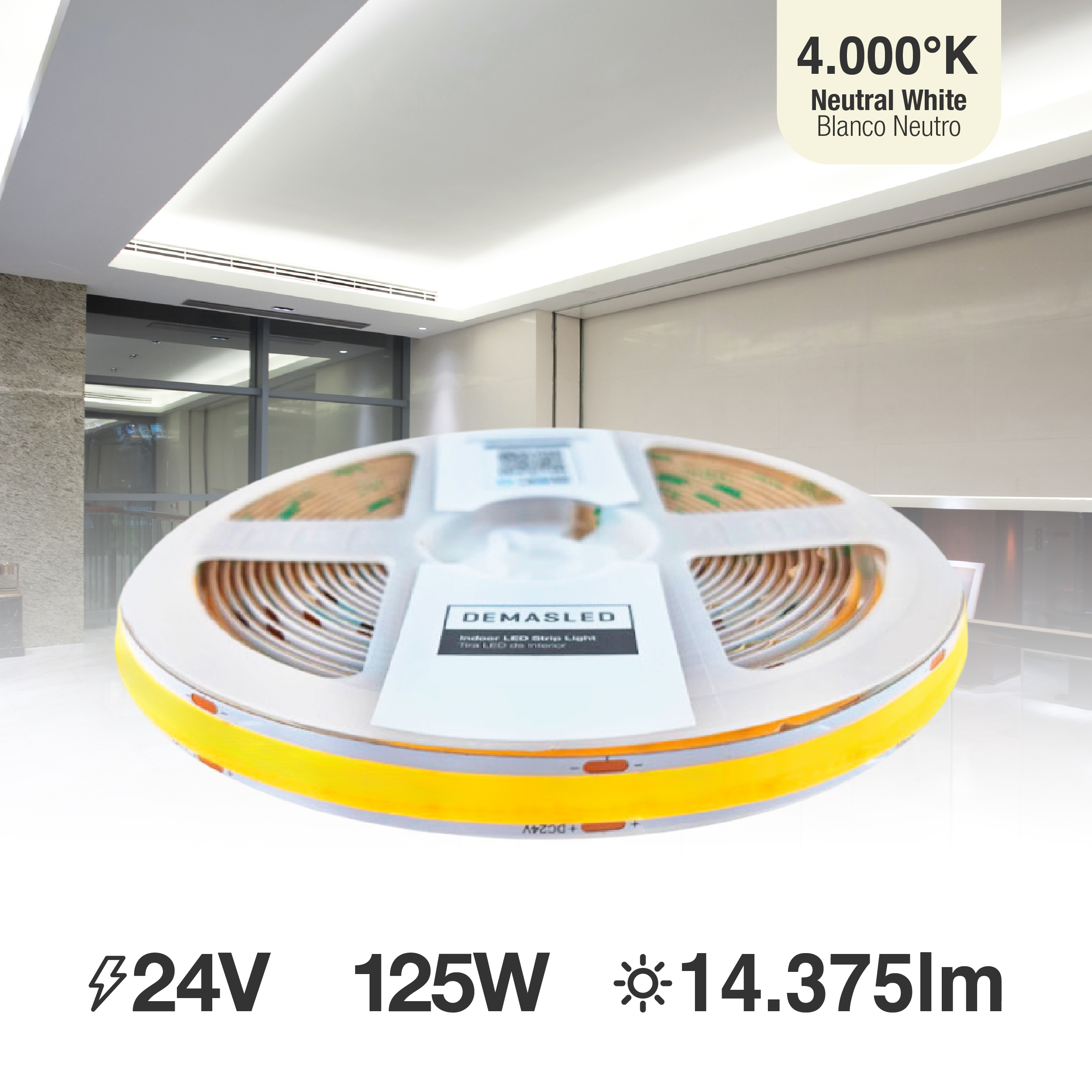 Tira LED COB 24V 25W/m Blanco Neutro 2875lm/m 960 LEDs/m, 15mm PCB IP33 x5m