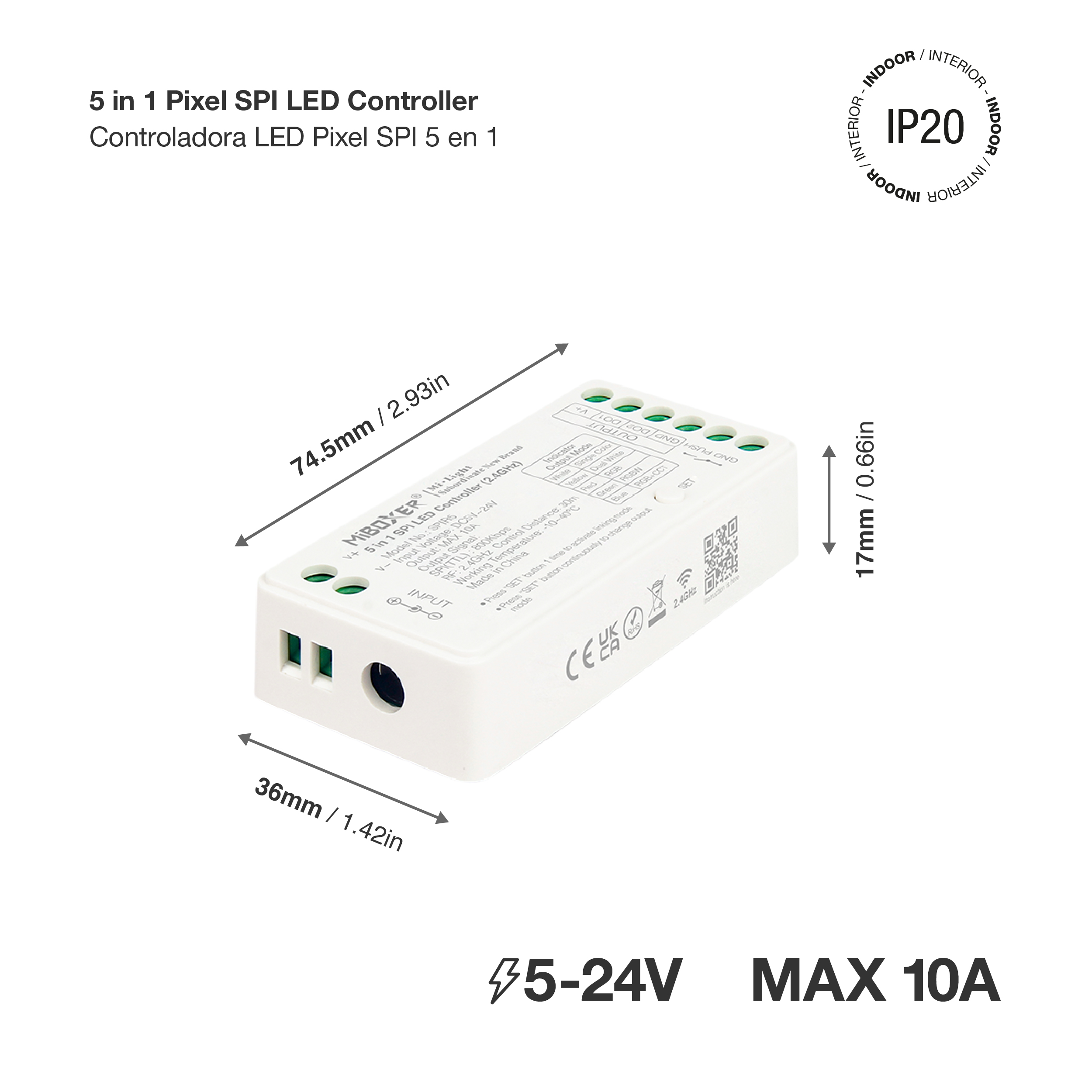 Controlador LED Pixel SPI 5 en 1 5-24V 10A máx. 2.4Ghz