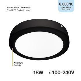 Plafón LED redondo negro de 22cm 18W 1230lm blanco Frío, de aplicar