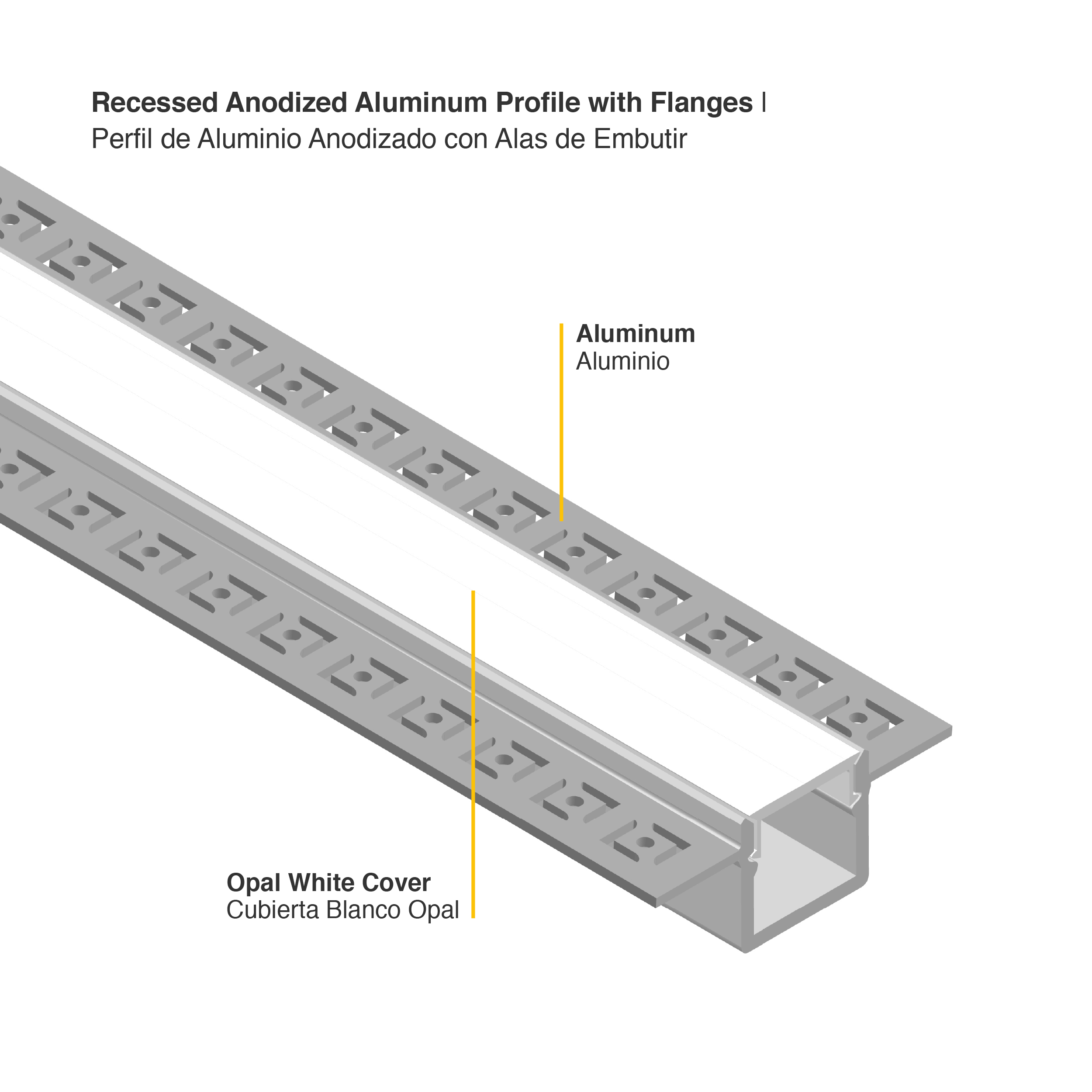 Perfil de Aluminio con Alas de Embutir 53x13,3mm Anodizado, Cover Opal Blanco x2m