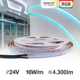 Tira LED COB 24V 16W/m RGB+CCT 860lm/m, 12mm PCB x5m