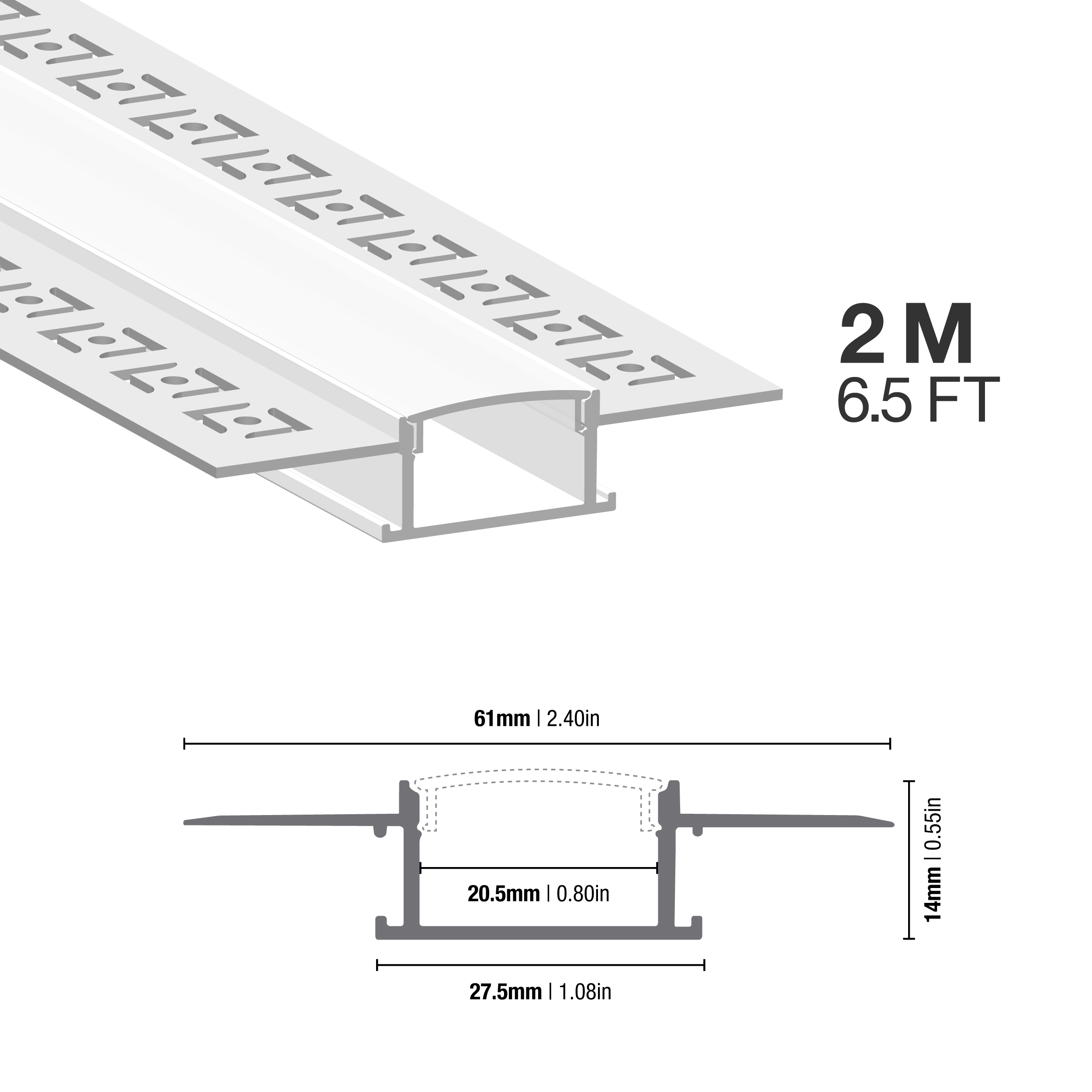 Perfil de Aluminio de Embutir 61x14mm Anodizado, Cover Opal Blanco x2m