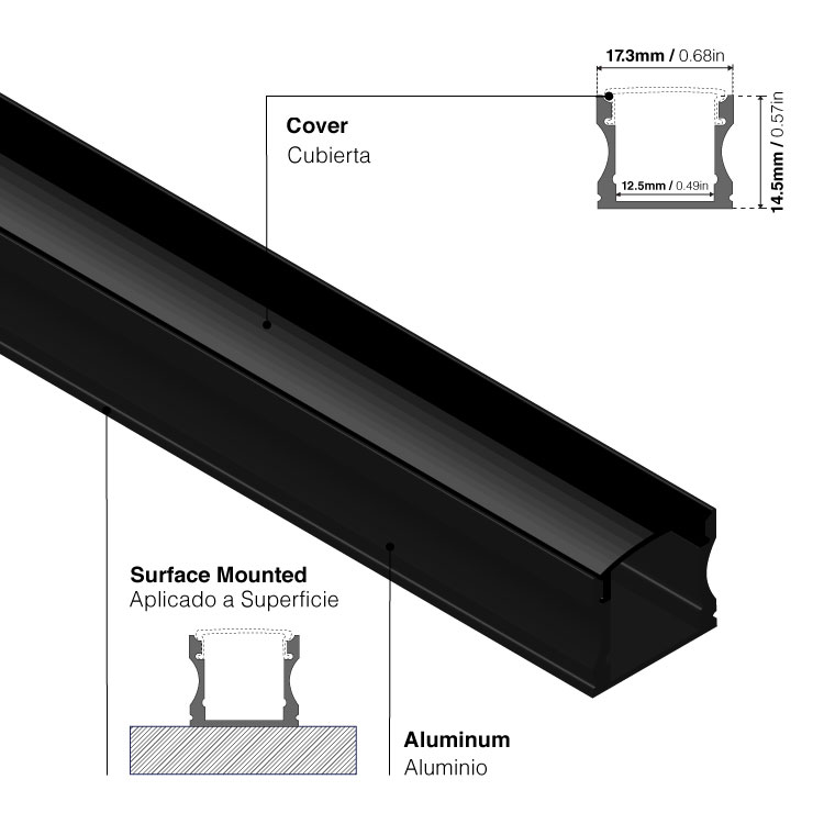 Perfil de Aluminio U 17x14,5mm Negro, Cover Opal Negro x2m
