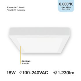 Plafón LED cuadrado blanco de 21,3x21,3cm, 18W 1230lm Frío, de aplicar
