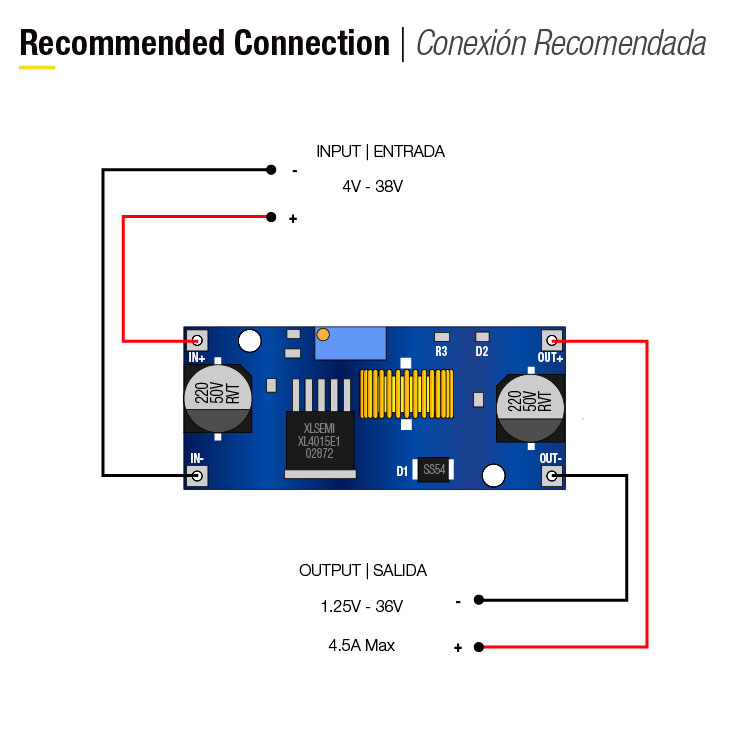 Modulo Step-Down XL4015 Ajustable, 1.25-36V 75Wmax 5Amax, DC-DC