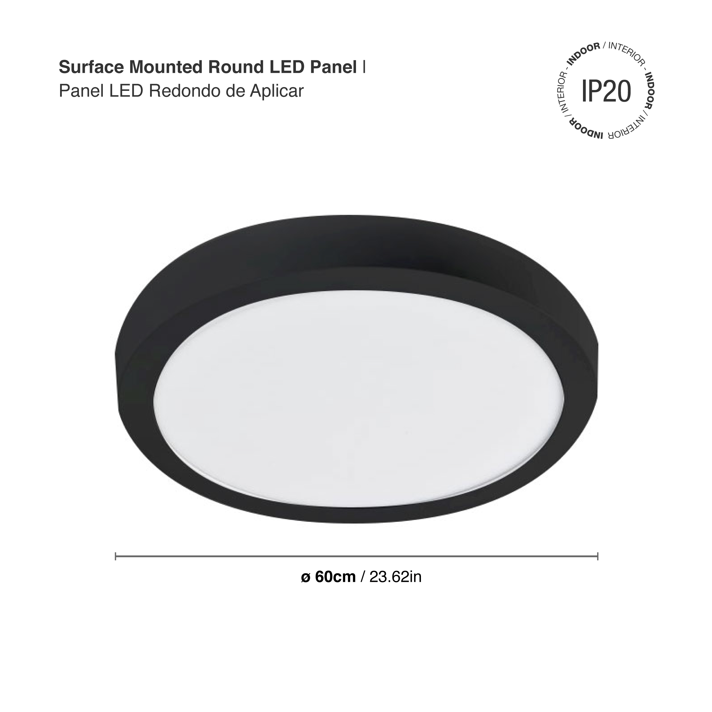 Panel Negro BACKLIGHT LED Redondo 60cm, 40W, blanco Frío, Aplicar