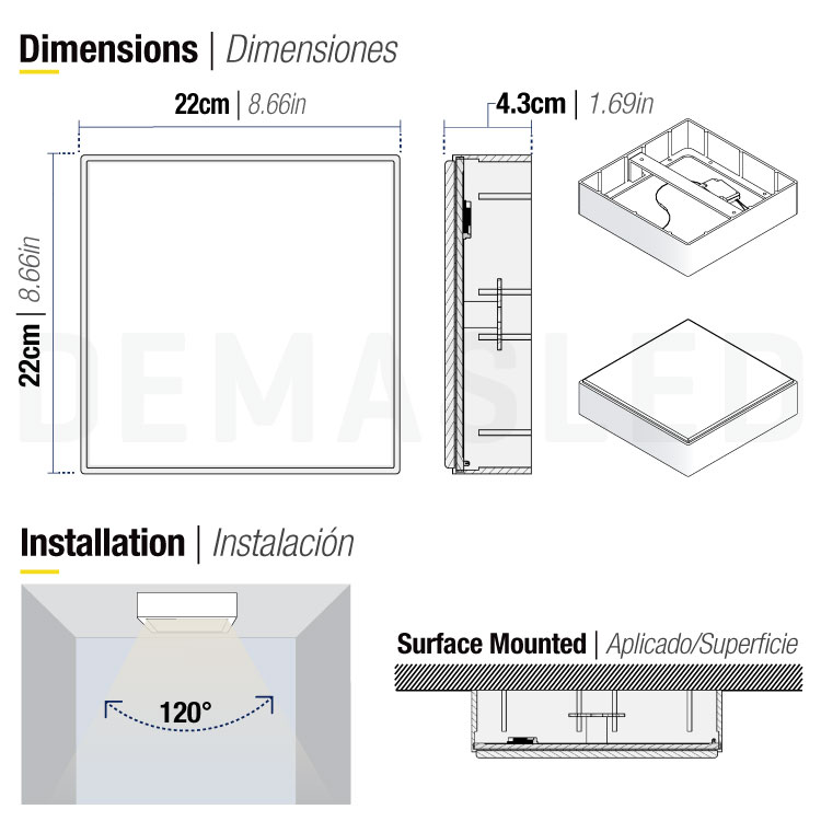 Plafón LED Cuadrado FRAMELESS de 22x22cm 42W 3570lm Blanco Neutro, De Aplicar