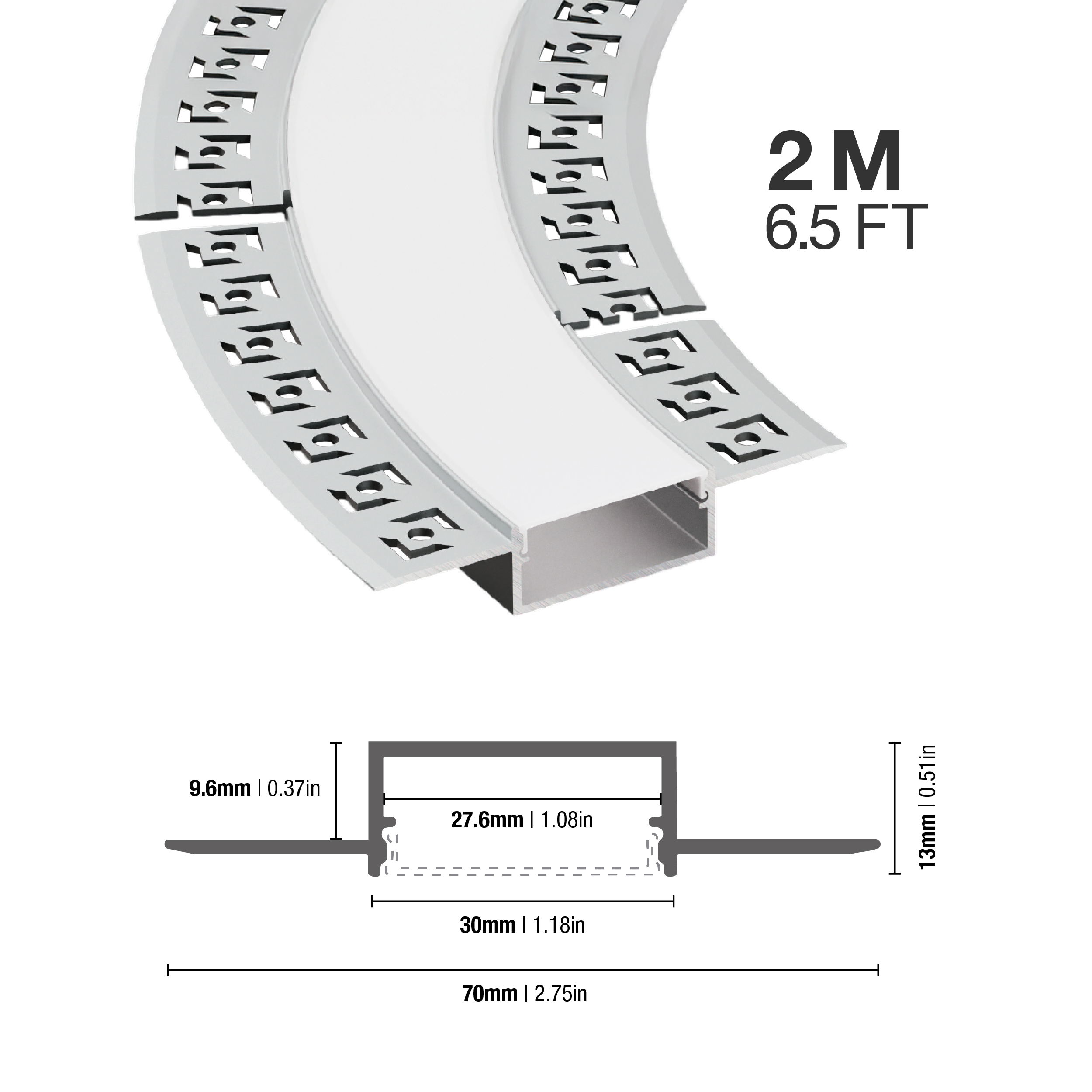 Perfil de Aluminio Flexible con Alas de Embutir 70x13mm Anodizado, Cover Opal Blanco x2m