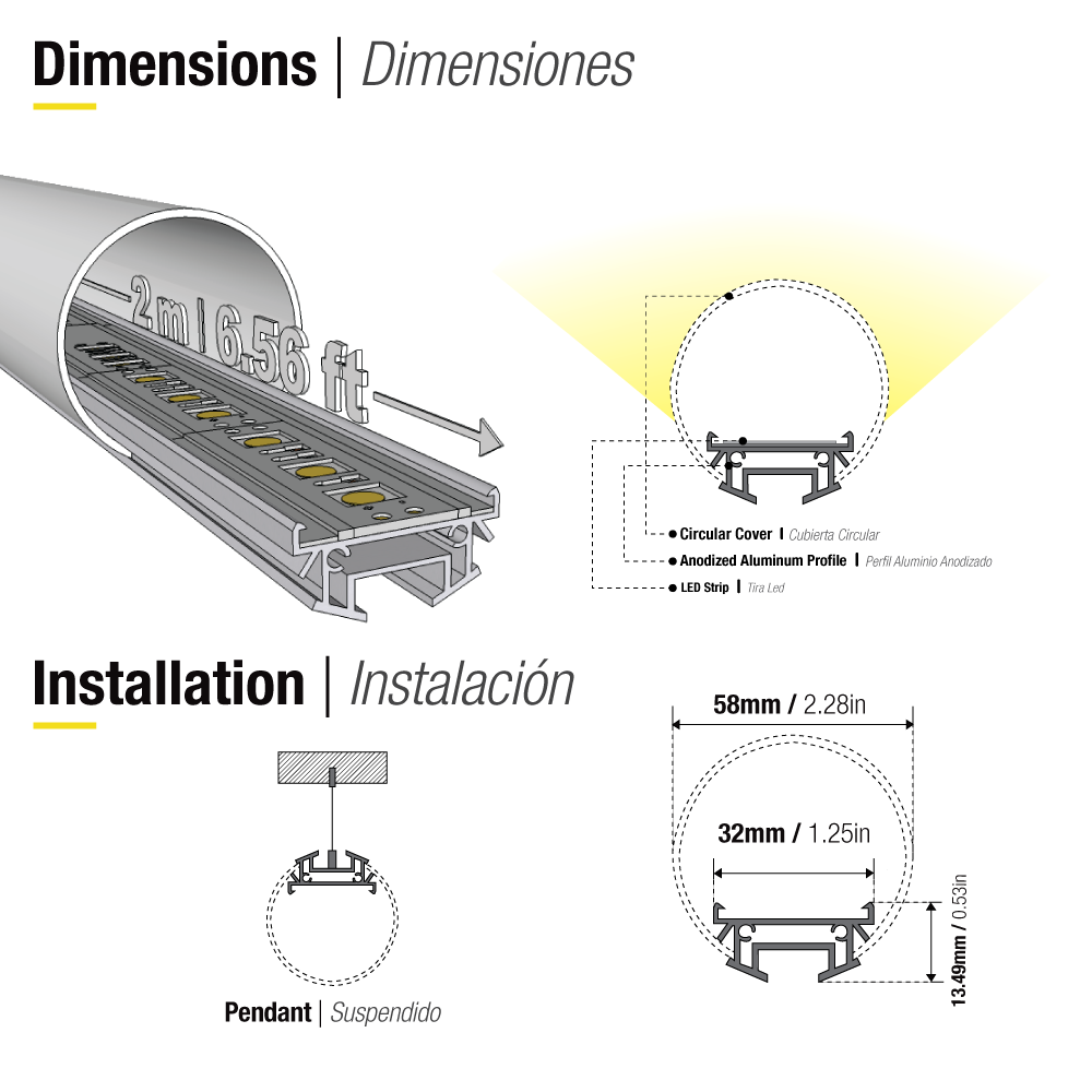 Perfil de Aluminio Tube 60mm Anodizado, Cover Opal Blanco Redondo x2m