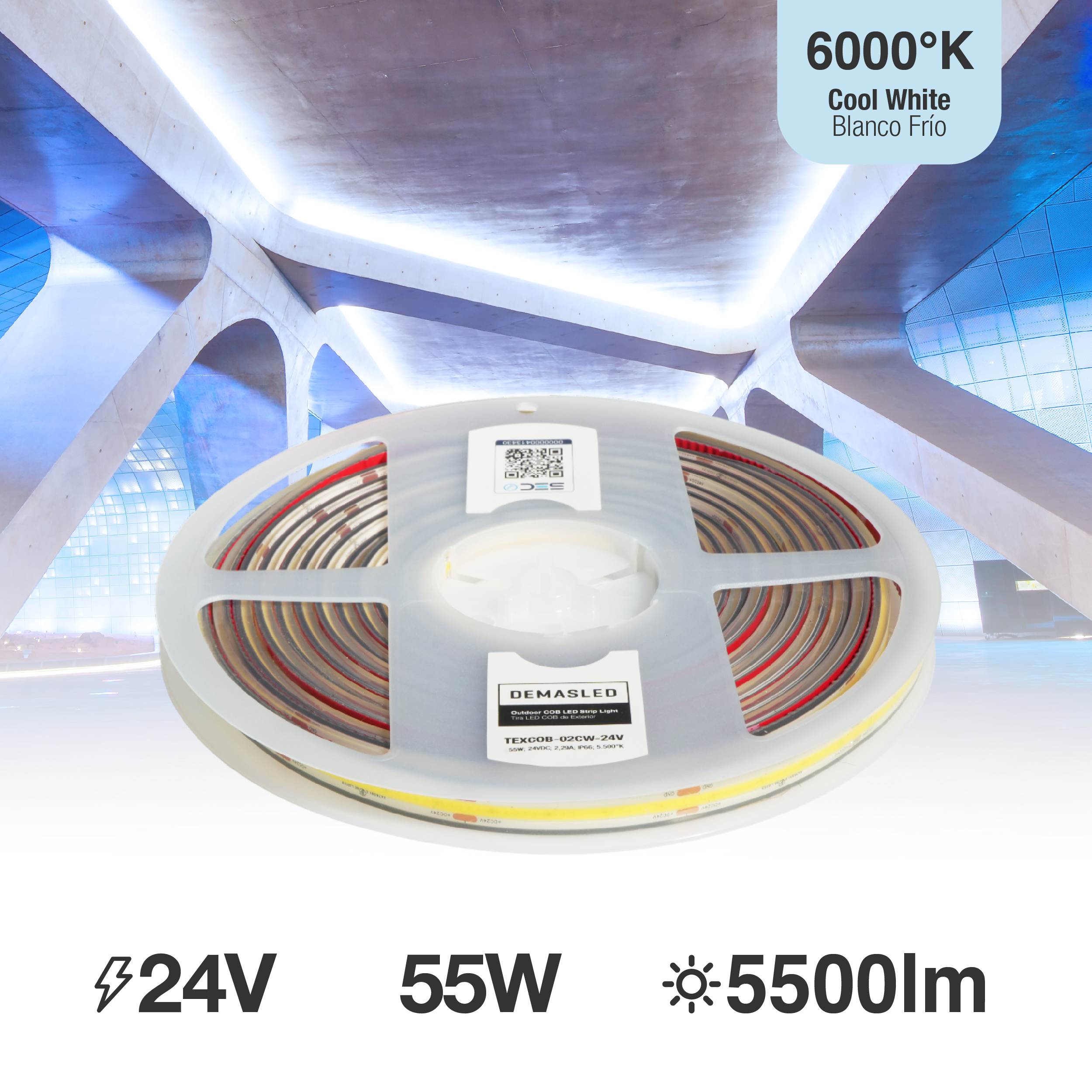 Tira LED COB 24V 11W/m Blanco Frío 1071lm/m 480LEDs/m 11mm IP68, 5m