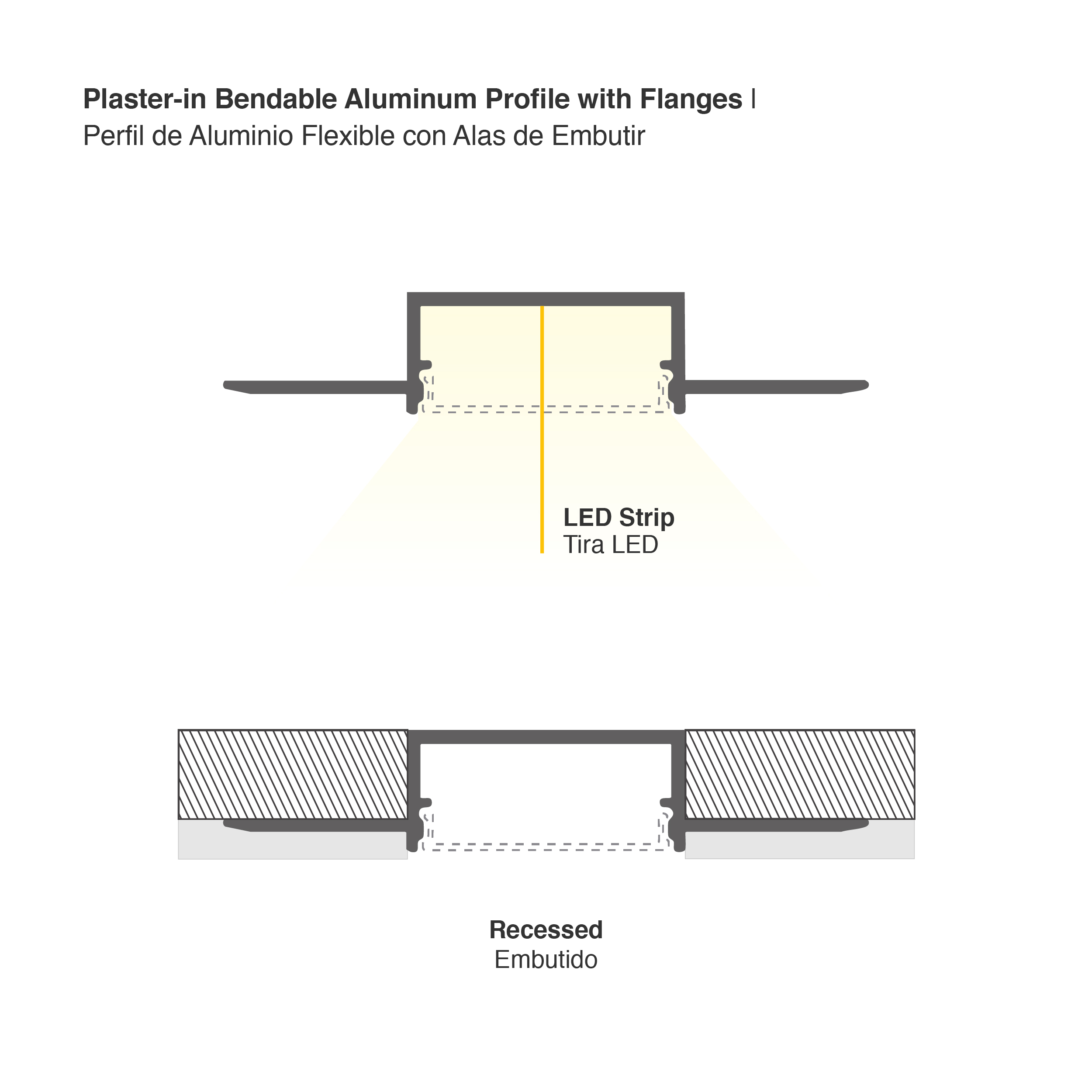 Perfil de Aluminio Flexible con Alas de Embutir 70x13mm Anodizado, Cover Opal Blanco x1m