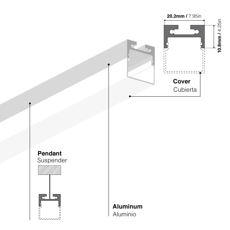 Perfil de Aluminio Linear 20x27mm Anodizado, Cover Cuadrado Opal Blanco x1m