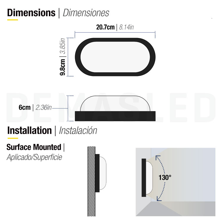 Aplique LED Exterior de Pared Ovalado 10W IP65 Negro 9,8×6cm 220V Blanco Neutro