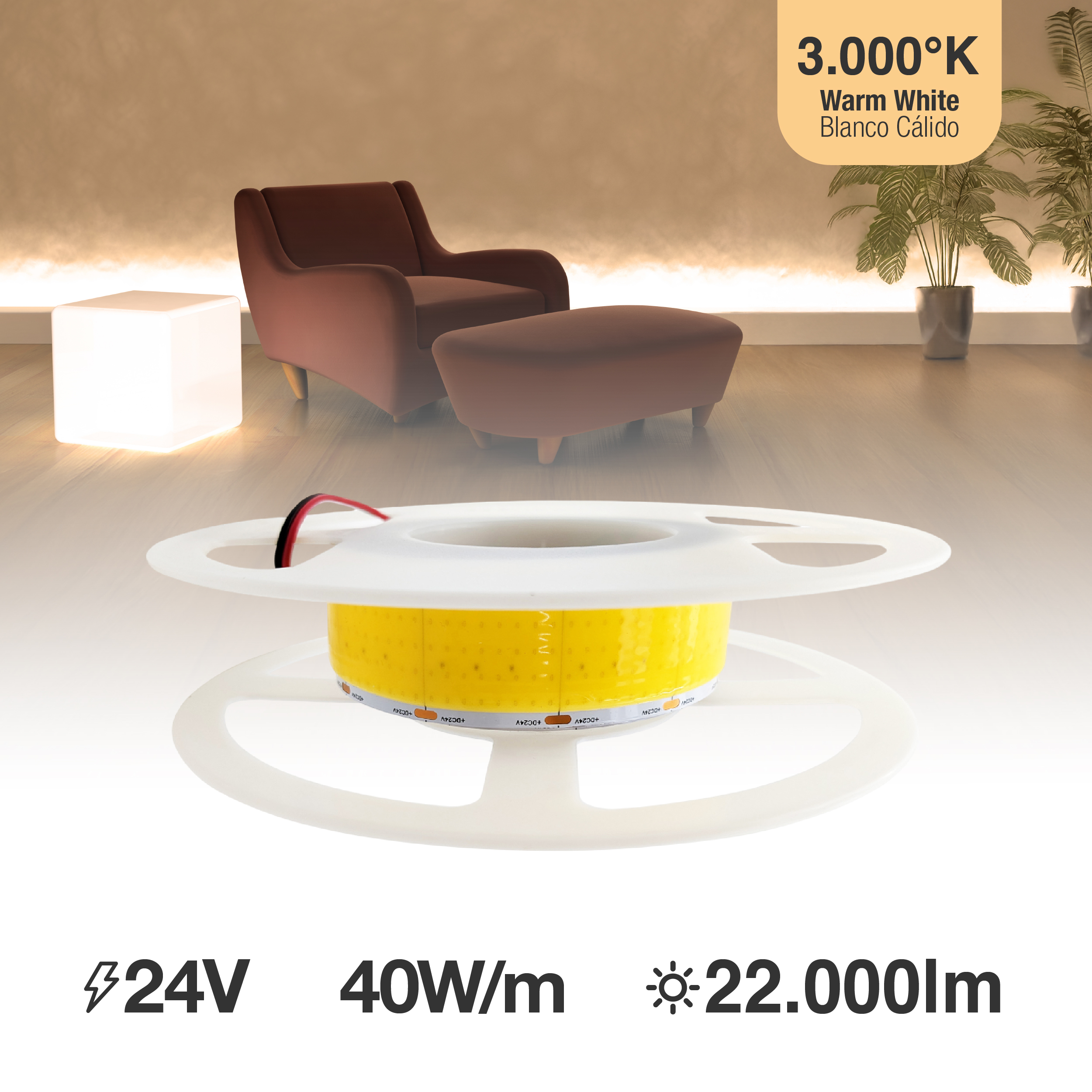 Tira LED COB 24V 40W/m Blanco Cálido 4800lm/m 1600 LEDs/m, 30mm PCB IP33 x5m 