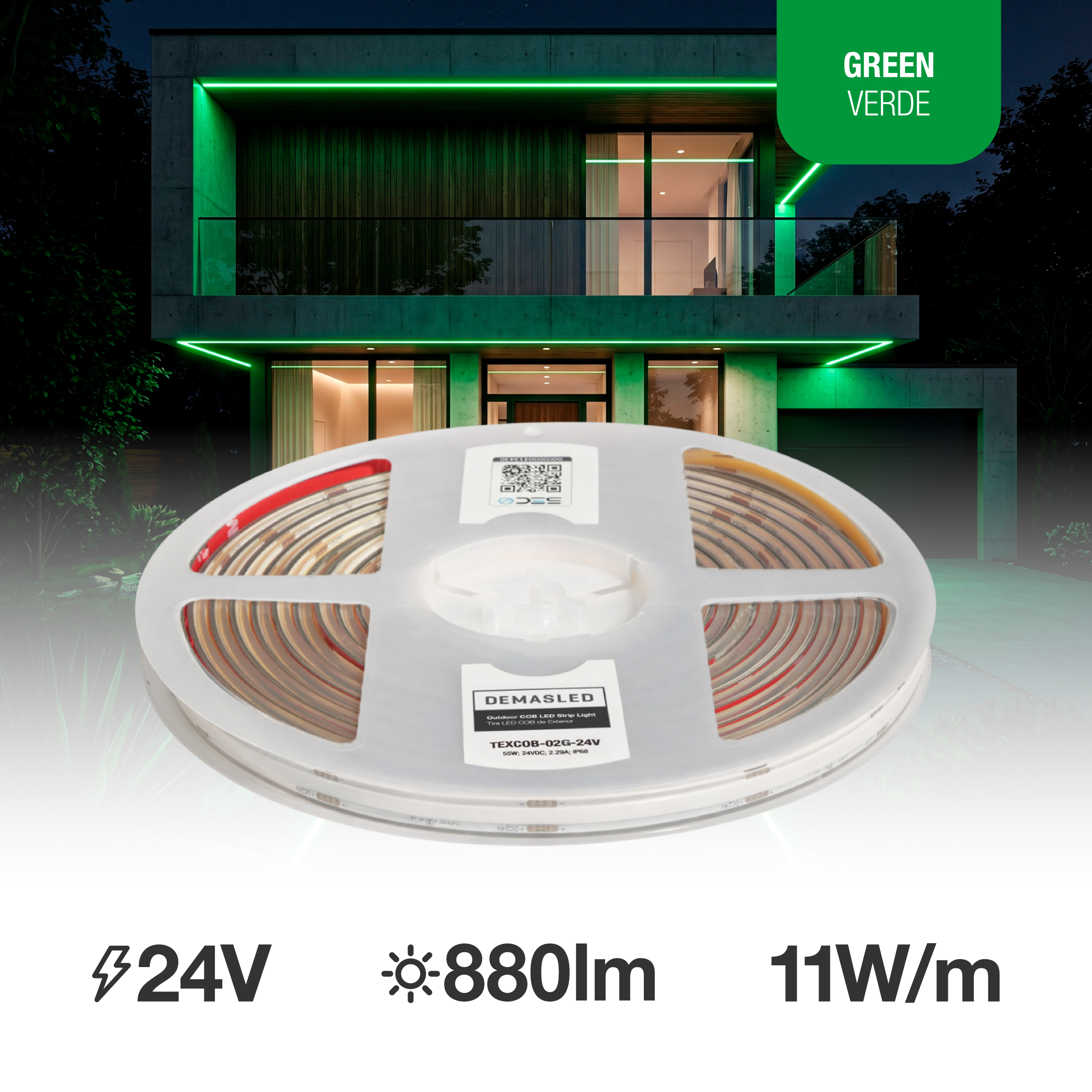 Tira LED COB 24V 11W/m Verde 1210lm/m, 8mm, IP68, 5m