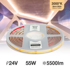 Tira LED COB 24V 11W/m Blanco Cálido 959lm/m 480LEDs/m 11mm IP68, 5m