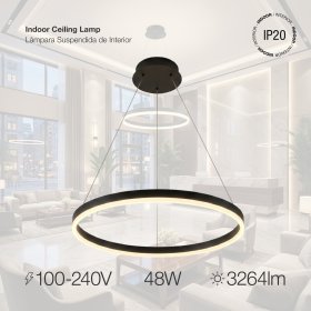 Lámpara LED Suspendida Aro Negro Ø80cm, 48W Blanco Cálido 3000K, 3264lm