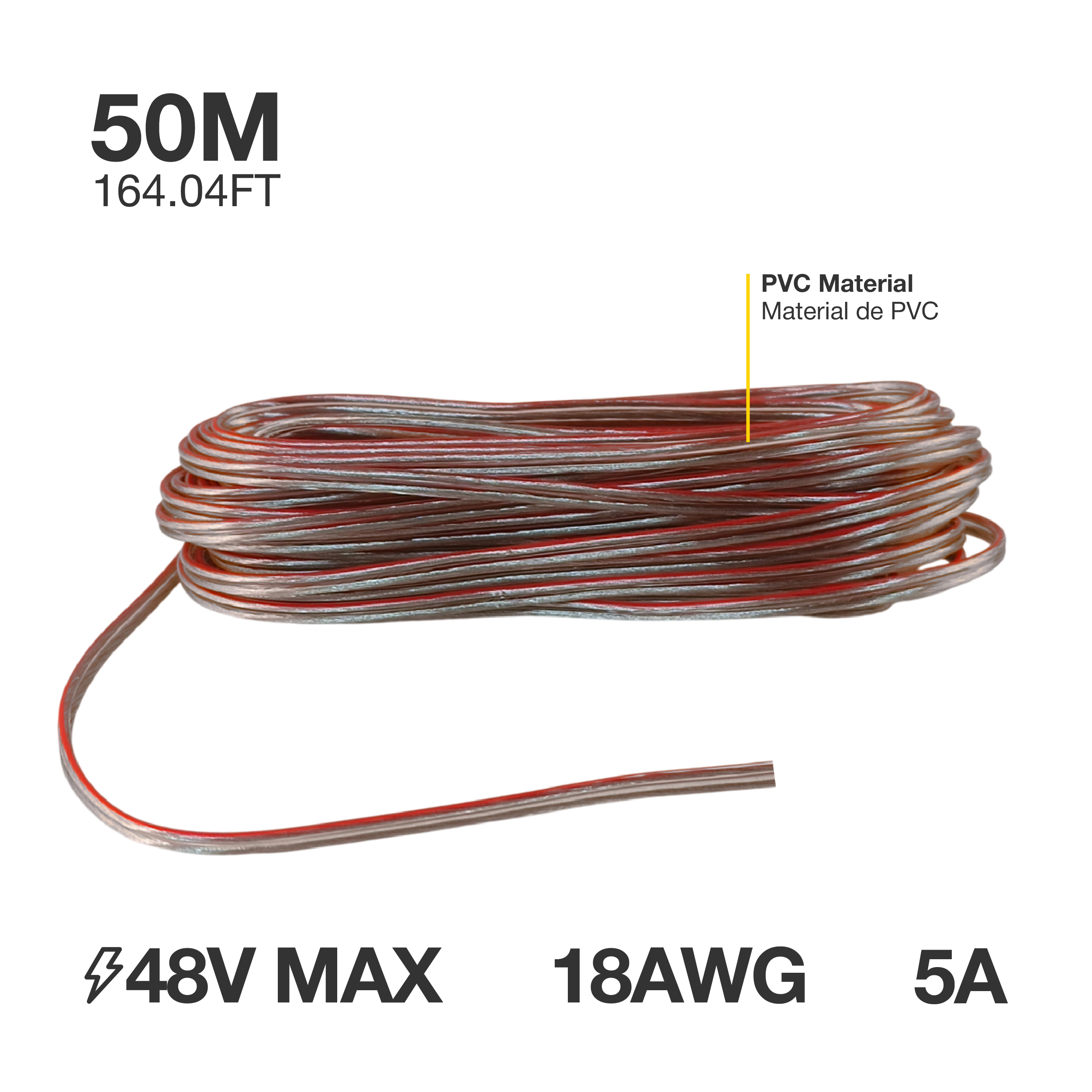 Cable 18 AWG para LED Monocromático, Transparente, 50m, 48V Máx. 
