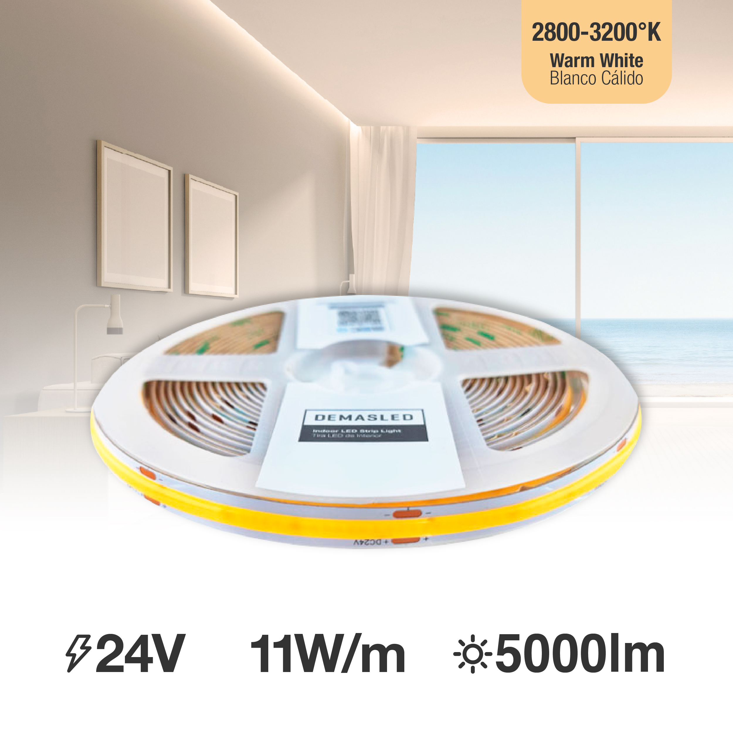 Tira LED COB 24V 11W/m, Blanco Cálido 1000lm/m 480LEDs/m, 8mm, 5m