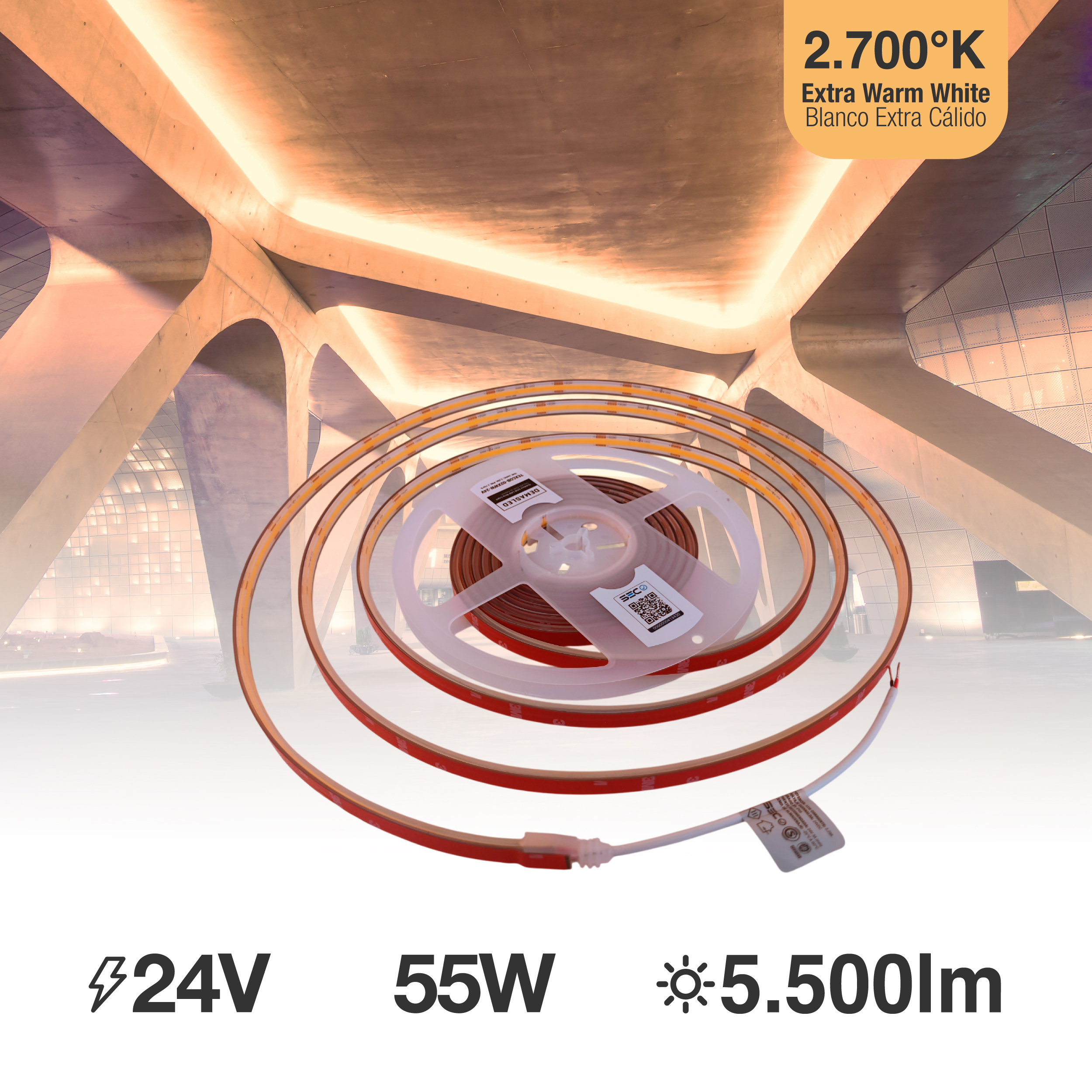 Tira LED COB 24V 11W/m Blanco Cálido 1100lm/m 480 LEDs/m 11mm IP68, 5m