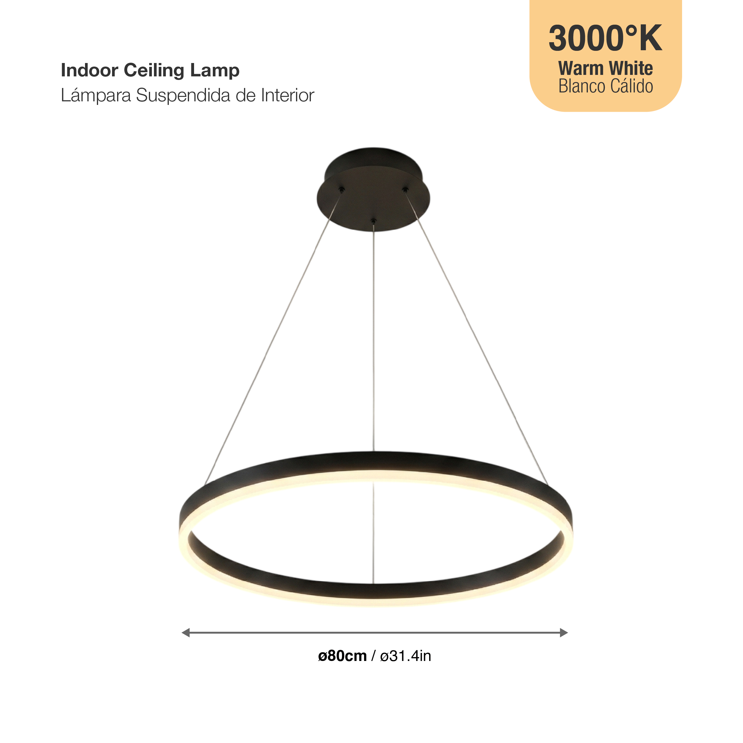 Lámpara LED Suspendida Aro Negro Ø80cm, 48W Blanco Cálido 3000K, 3264lm