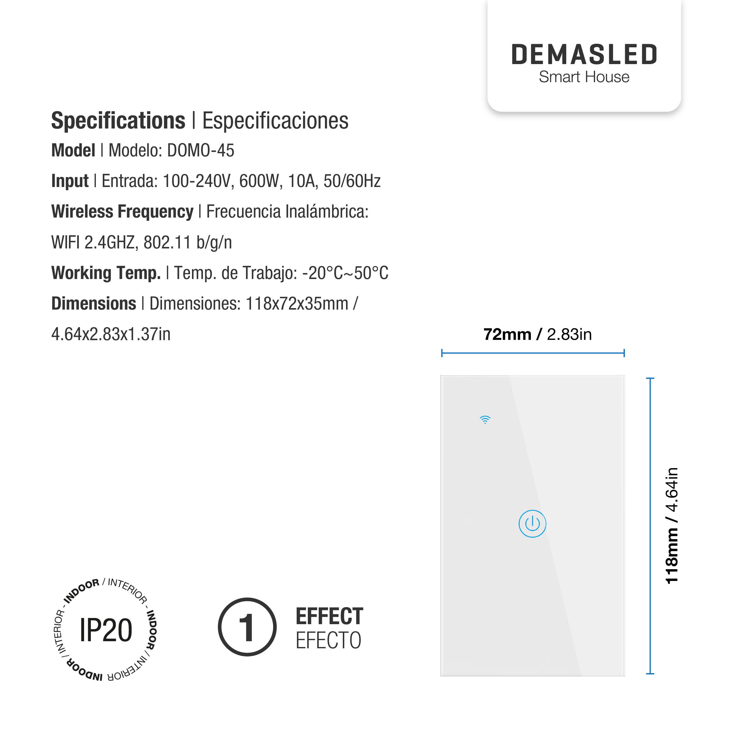 Tecla Smart de Pared Táctil 1 Canal 600W Blanco