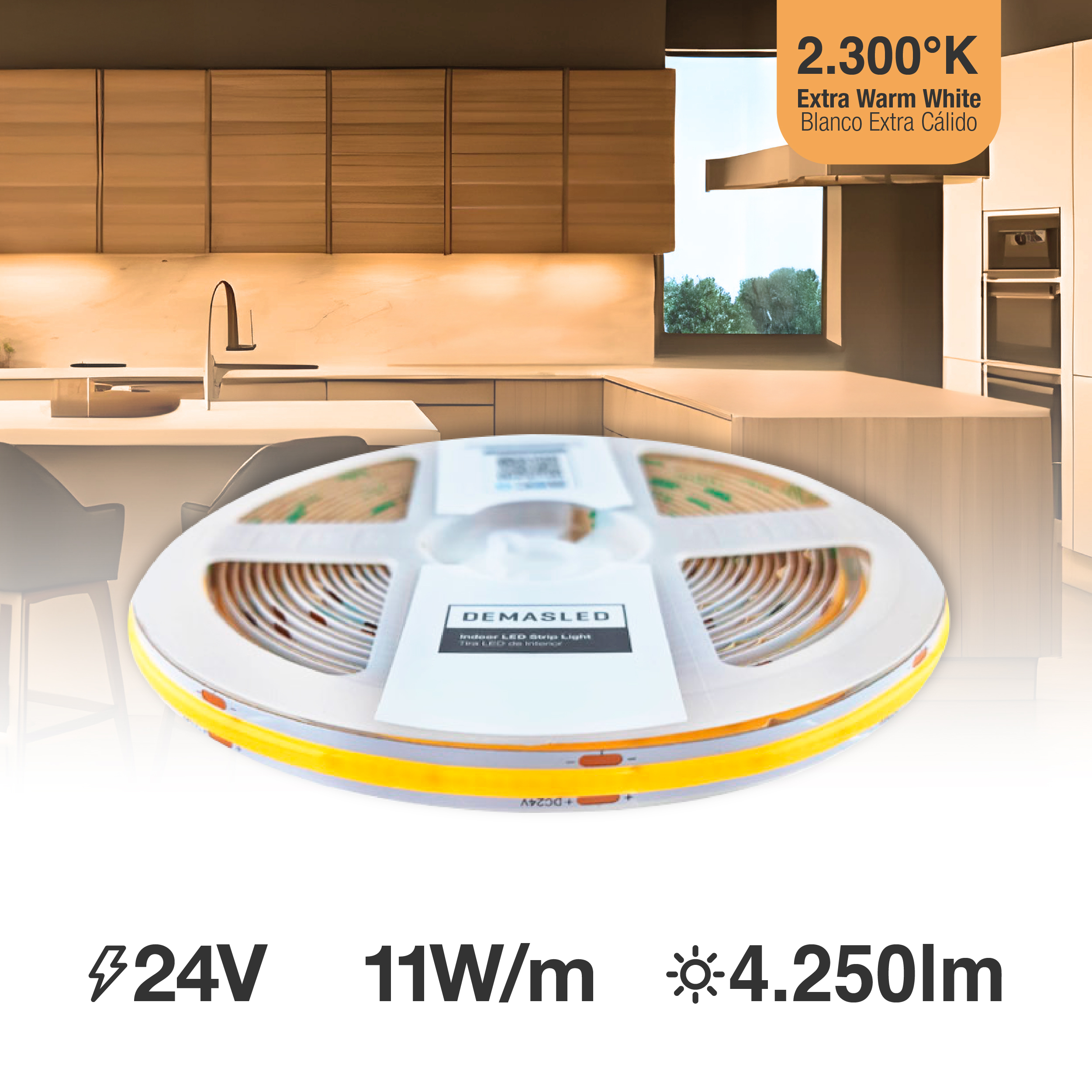 Tira LED COB 24V 11W/m, Blanco Extra Cálido 2300K 850lm/m 480LEDs/m, 8mm, 5m
