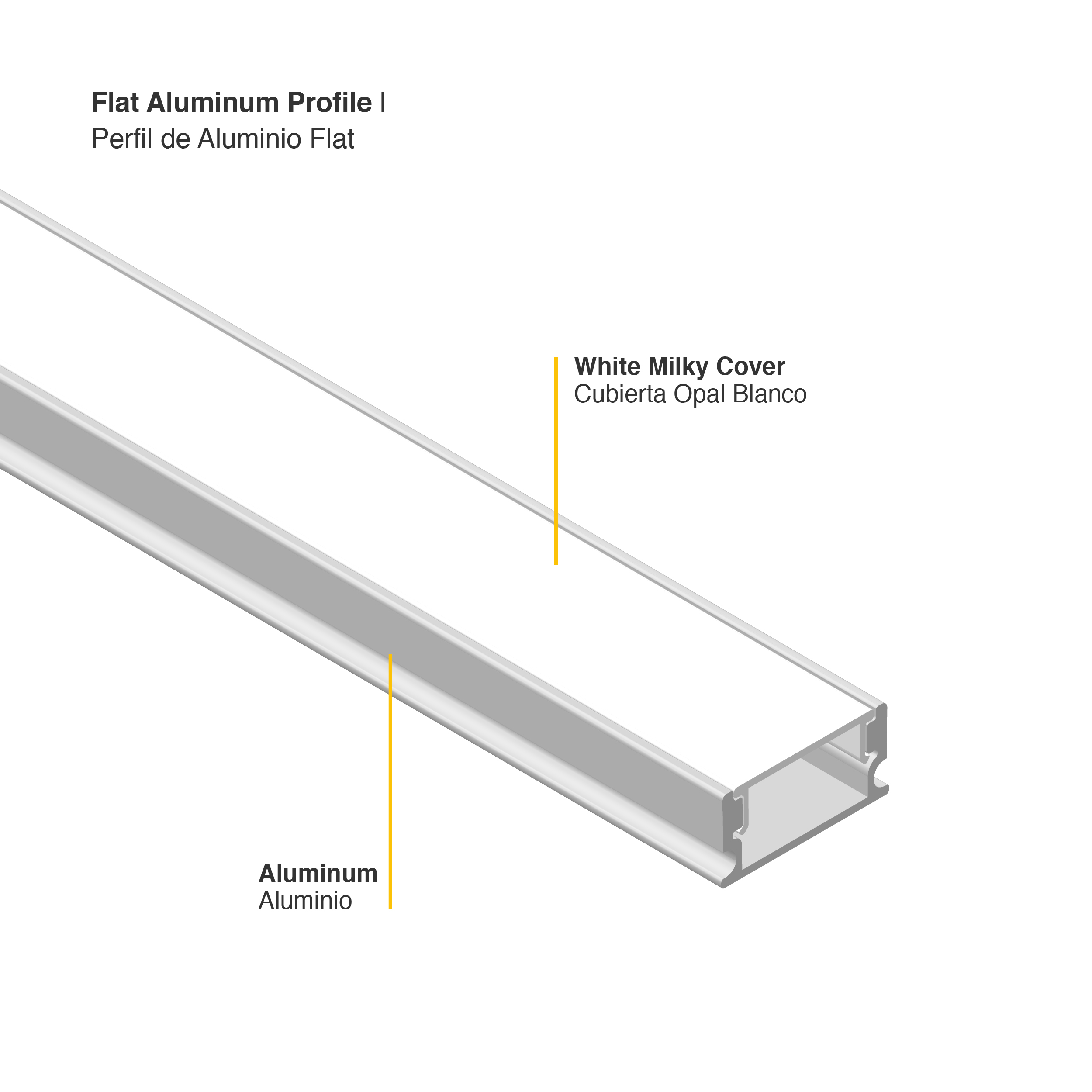 Perfil de Aluminio Flat 16.8x6,6mm Anodizado, Cover Opal Blanco x2m