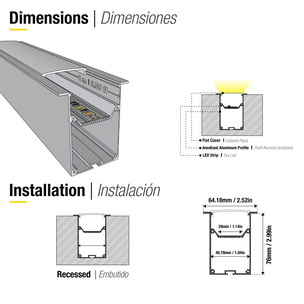 Perfil de Aluminio Linear de Embutir 76x49mm Anodizado, Cover Opal Blanco x1m