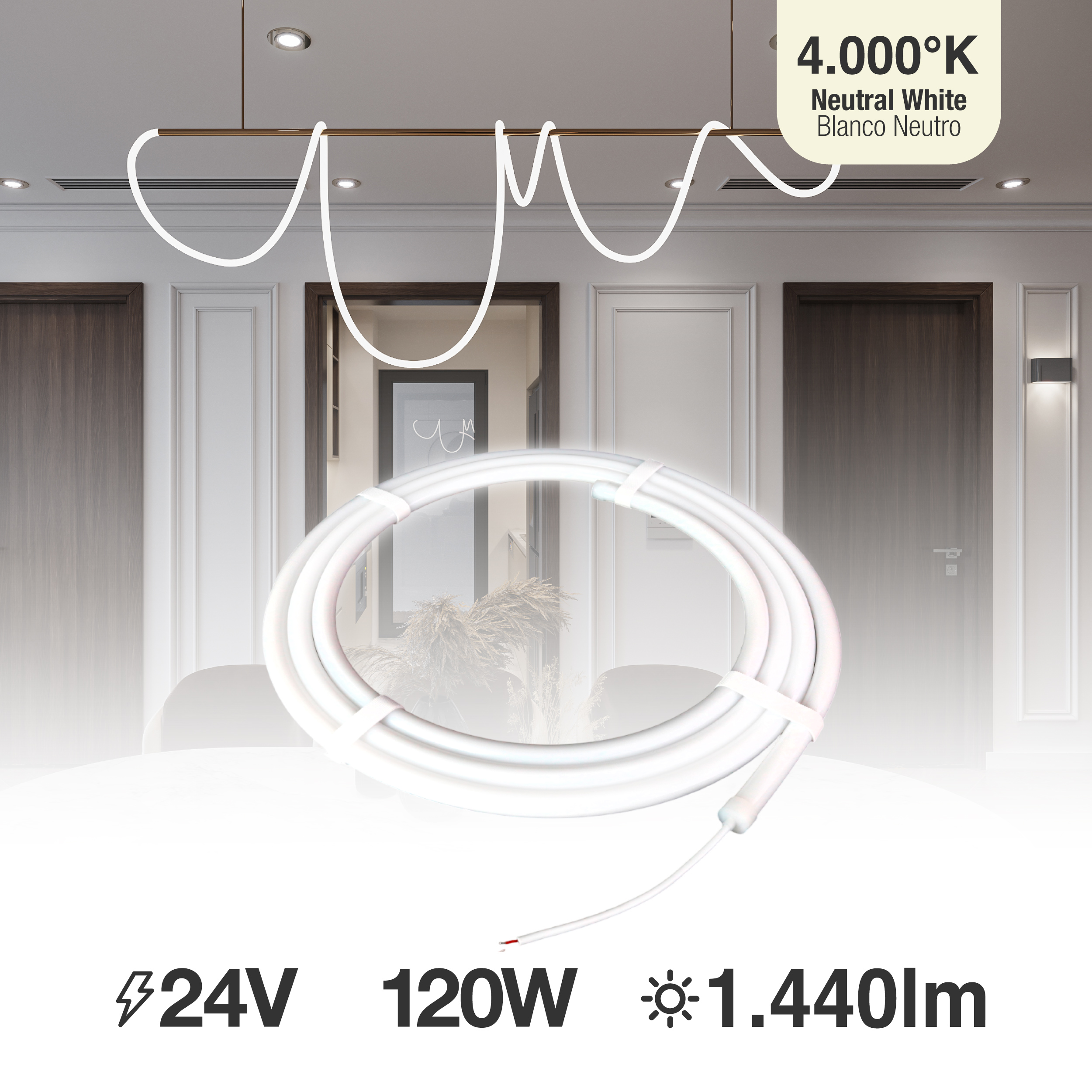Tira LED SMD2835 con recubierta de Silicona, 24V 24W/m, Blanco Neutro 4000K 120 LEDs/m, 5m