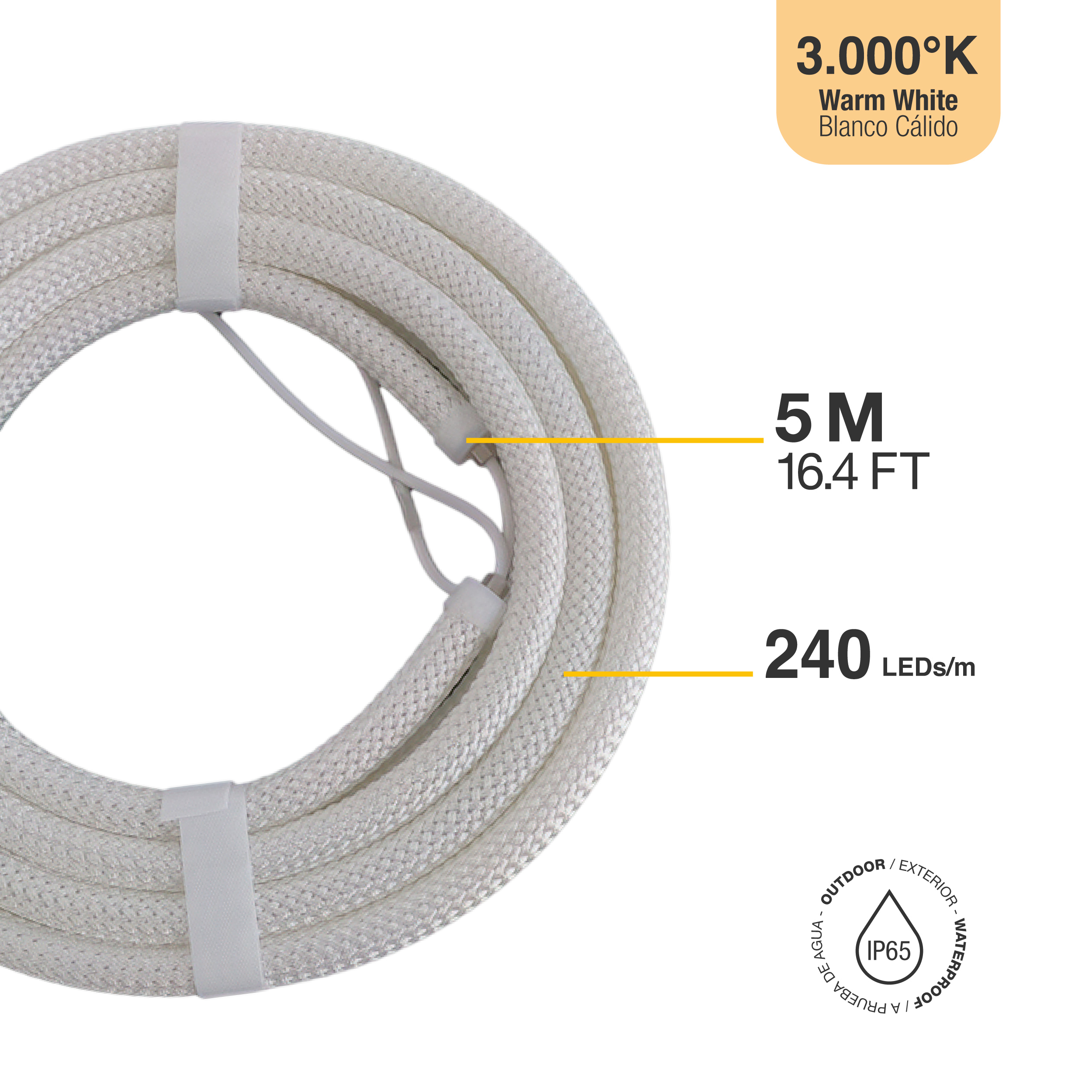 Tira LED Neón Flexible SMD2835, 24V 24W/m, Blanco Cálido 240LEDs/m, 5m