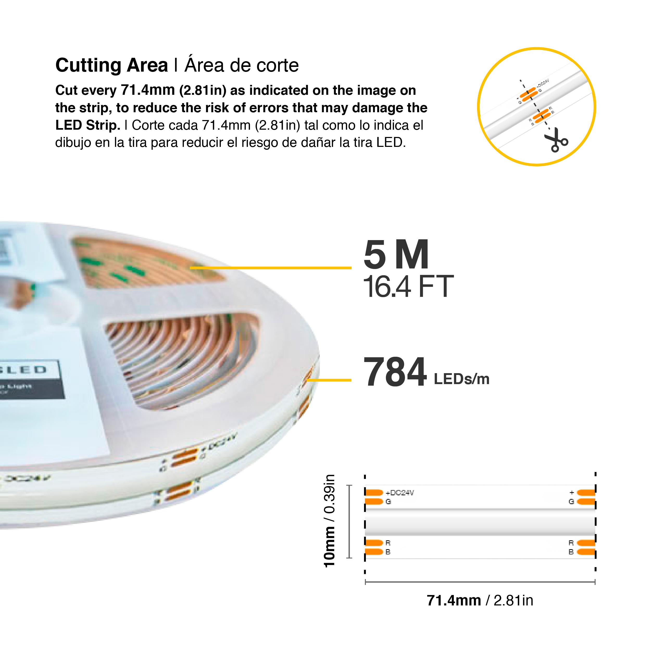 Tira LED COB 24V 21W/m RGB+Blanco Neutro 784 LEDs/m, 10mm PCB IP33 x5m