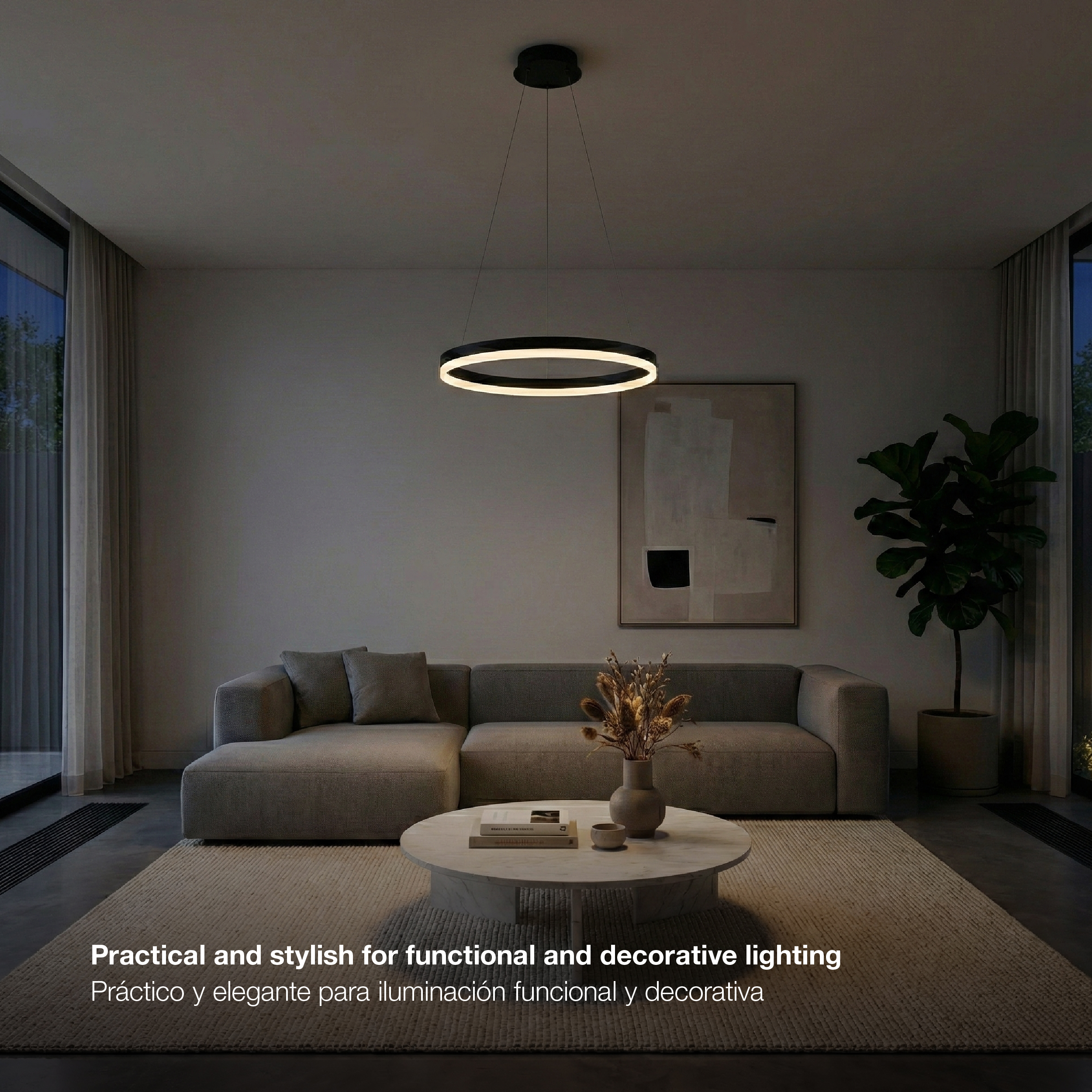 Lámpara LED Suspendida Aro Negro Ø60cm, 36W Blanco Cálido 3000K, 2448lm