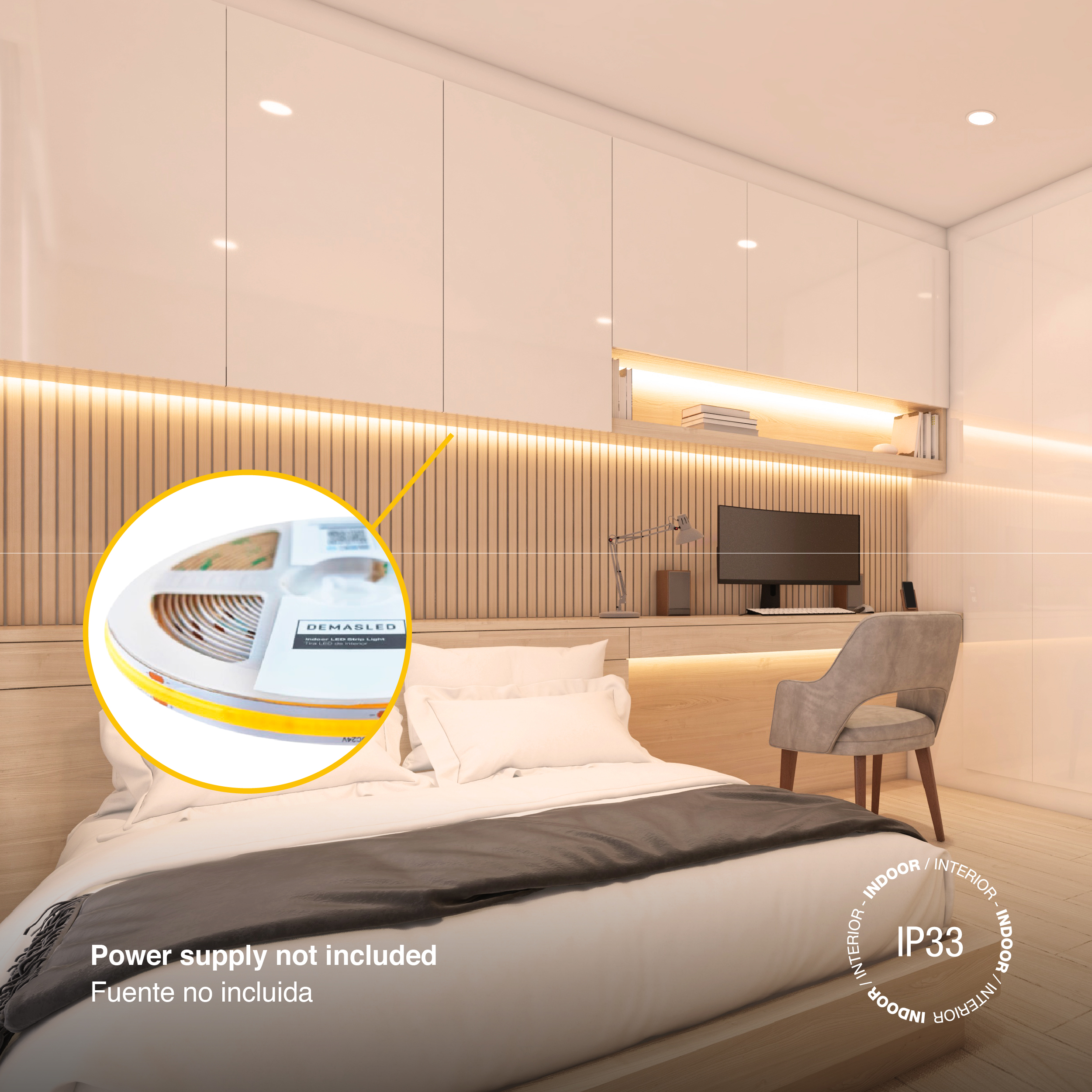 Tira LED COB 24V 15W/m Blanco Cálido 1500lm/m 528 LEDs/m, 10mm PCB IP33 x5m