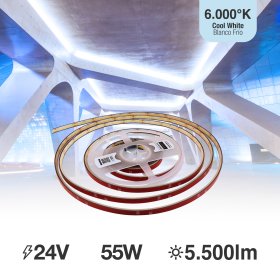 Tira LED COB 24V 11W/m Blanco Frío 1100lm/m 480LEDs/m 11mm IP68, 5m