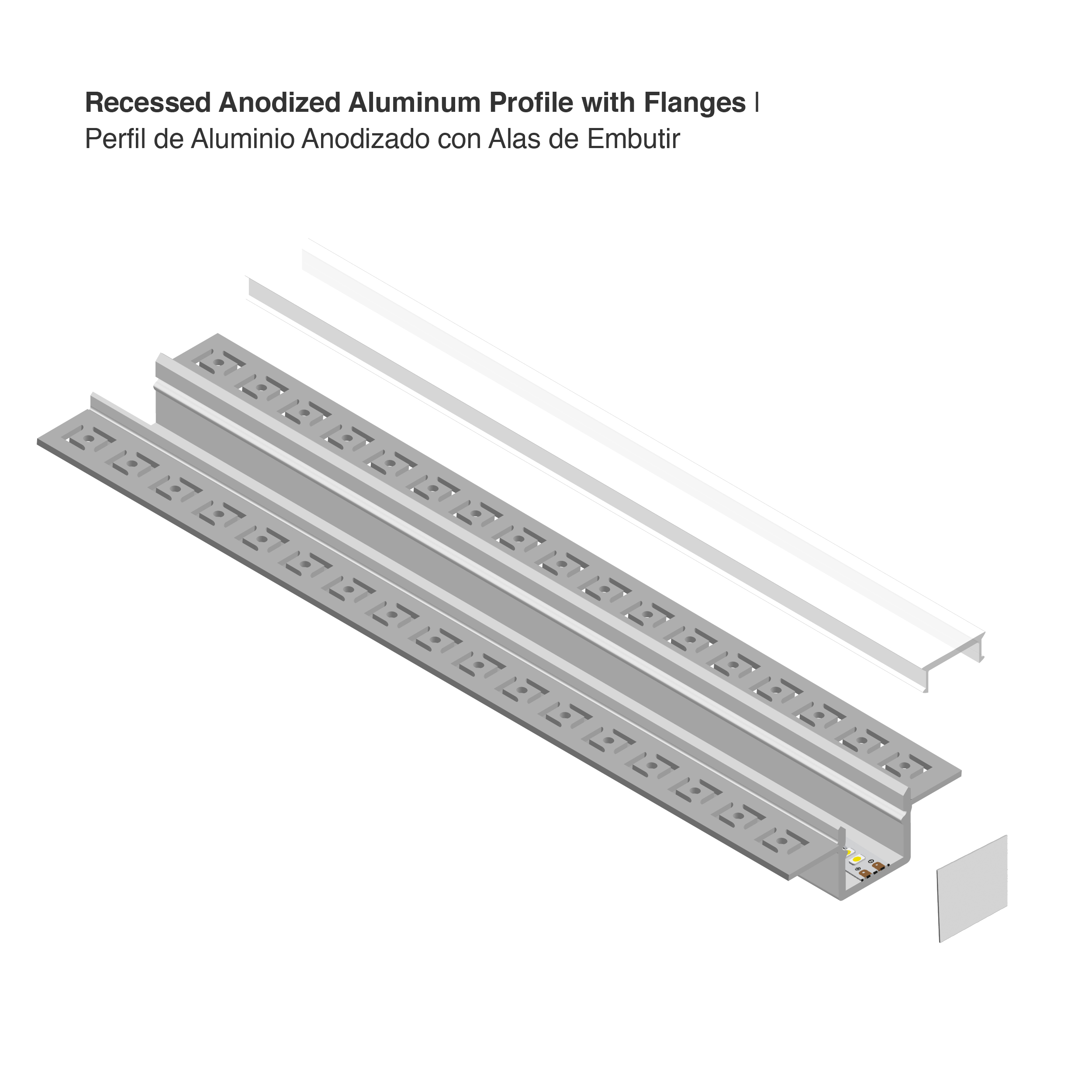 Perfil de Aluminio con Alas de Embutir 53x13,3mm Anodizado, Cover Opal Blanco x2,5m