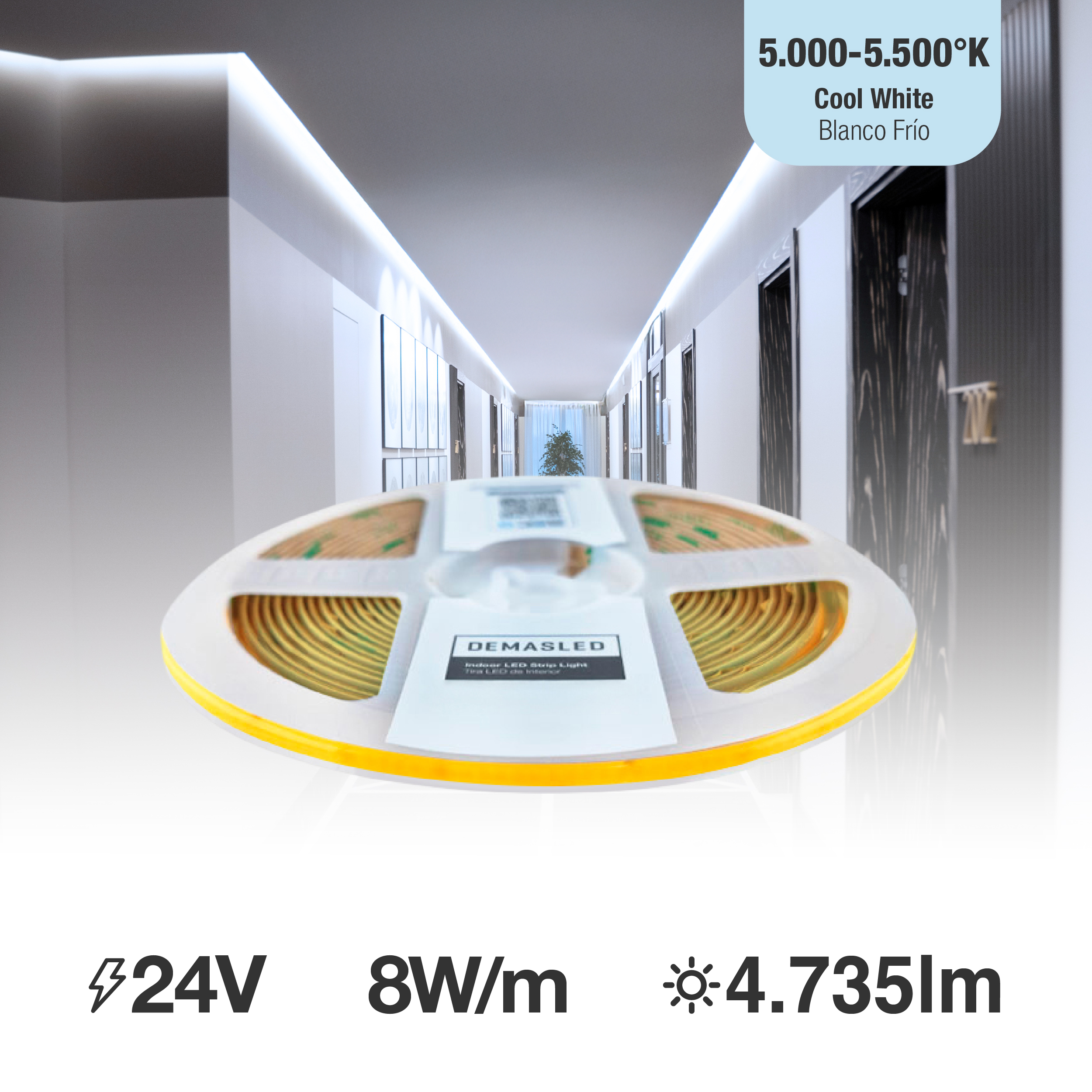 Tira LED COB 24V 8W/m Blanco Frío 540lm/m 504LEDs/m, 5mm PCB IP33 x5m