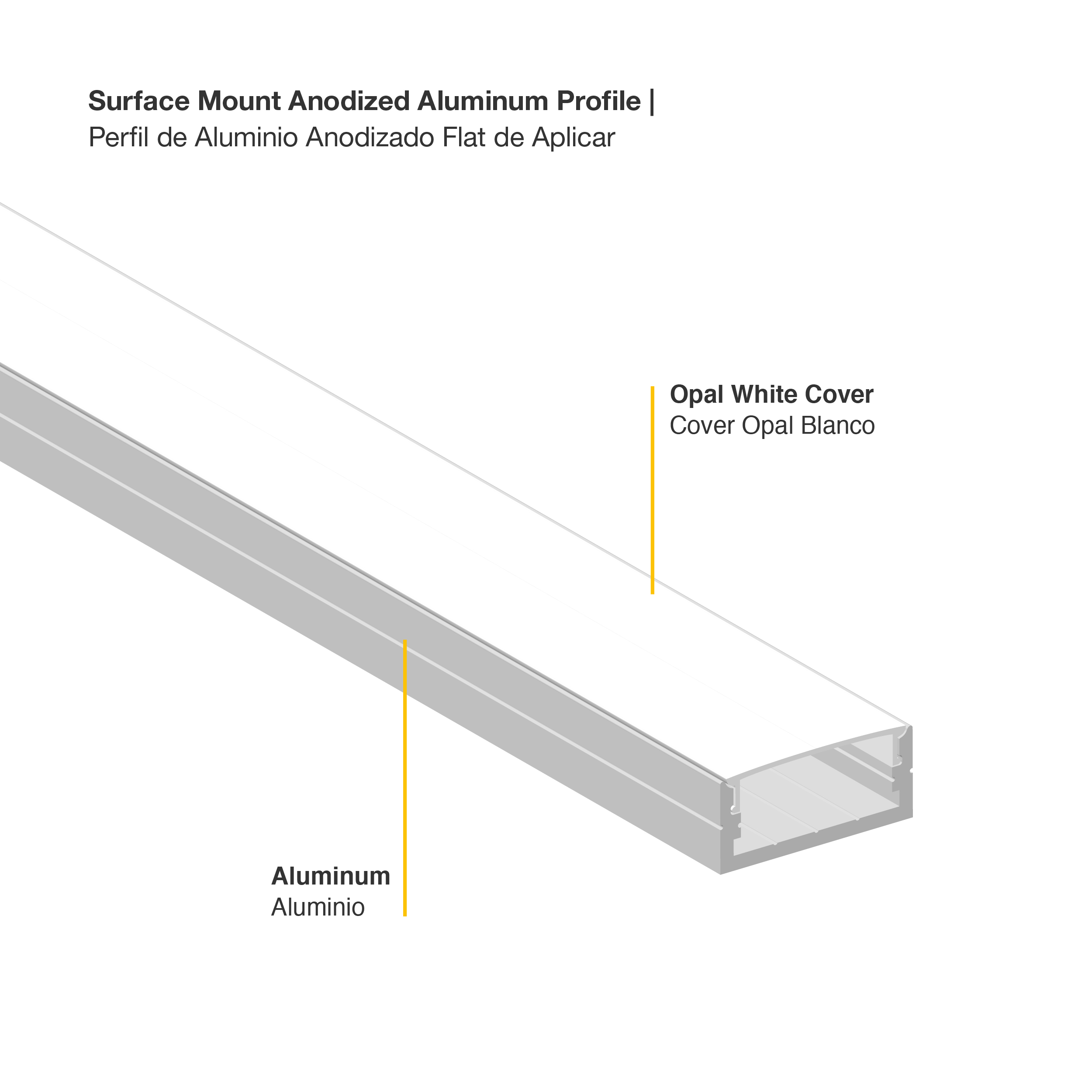 Perfil de Aluminio Flat 23x10mm Anodizado, Cover Opal Blanco x2,5m