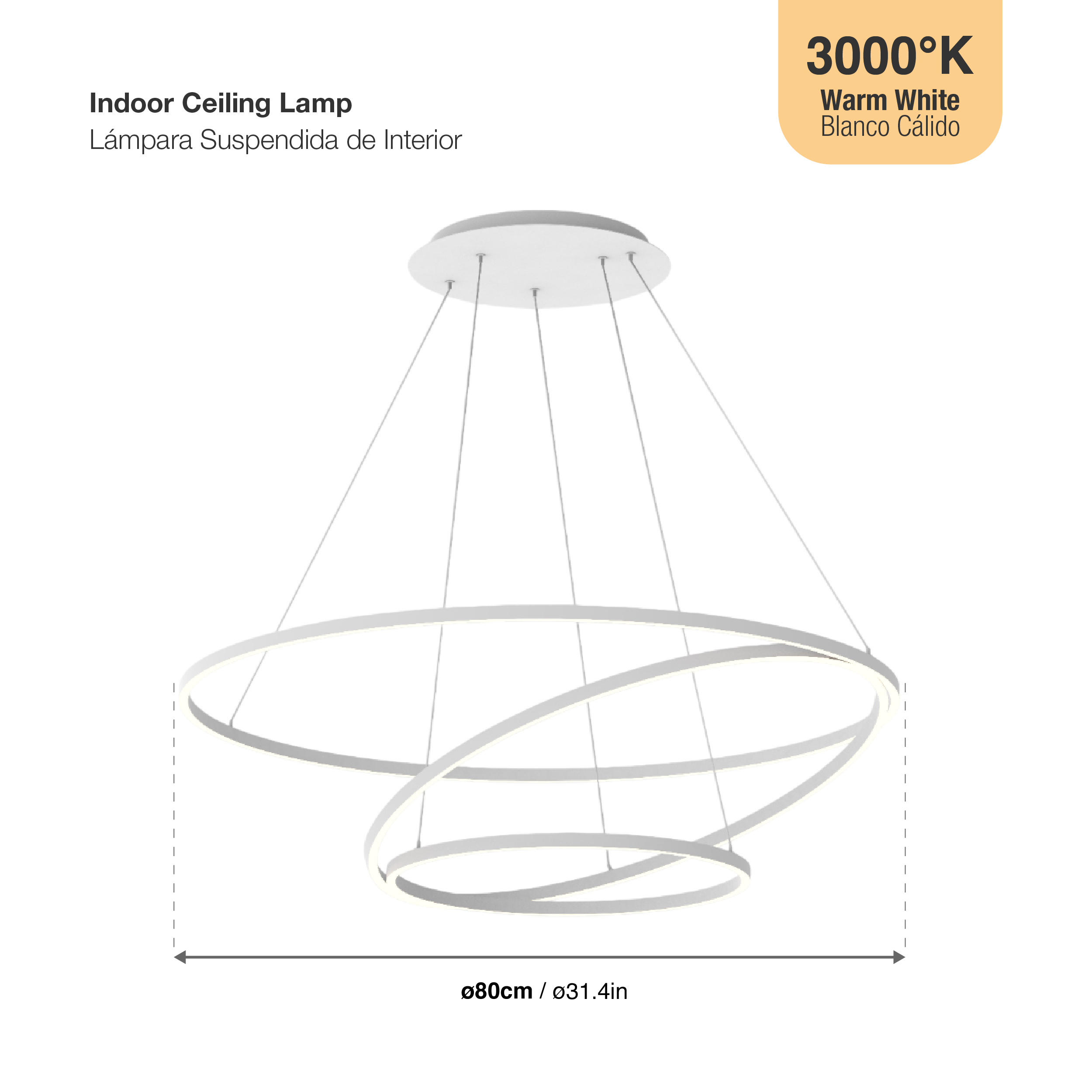 Lámpara LED Suspendida Blanco Ø80cm, 62W, Blanco Cálido 3000K, 3720lm