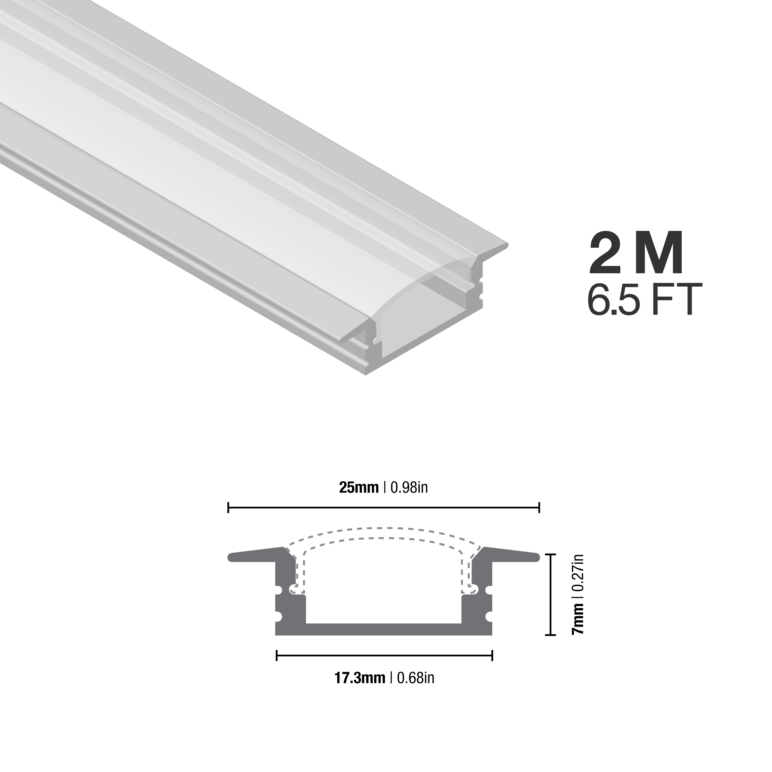 Perfil de Aluminio de Embutir 17x7mm Anodizado, Cover transparente x2m