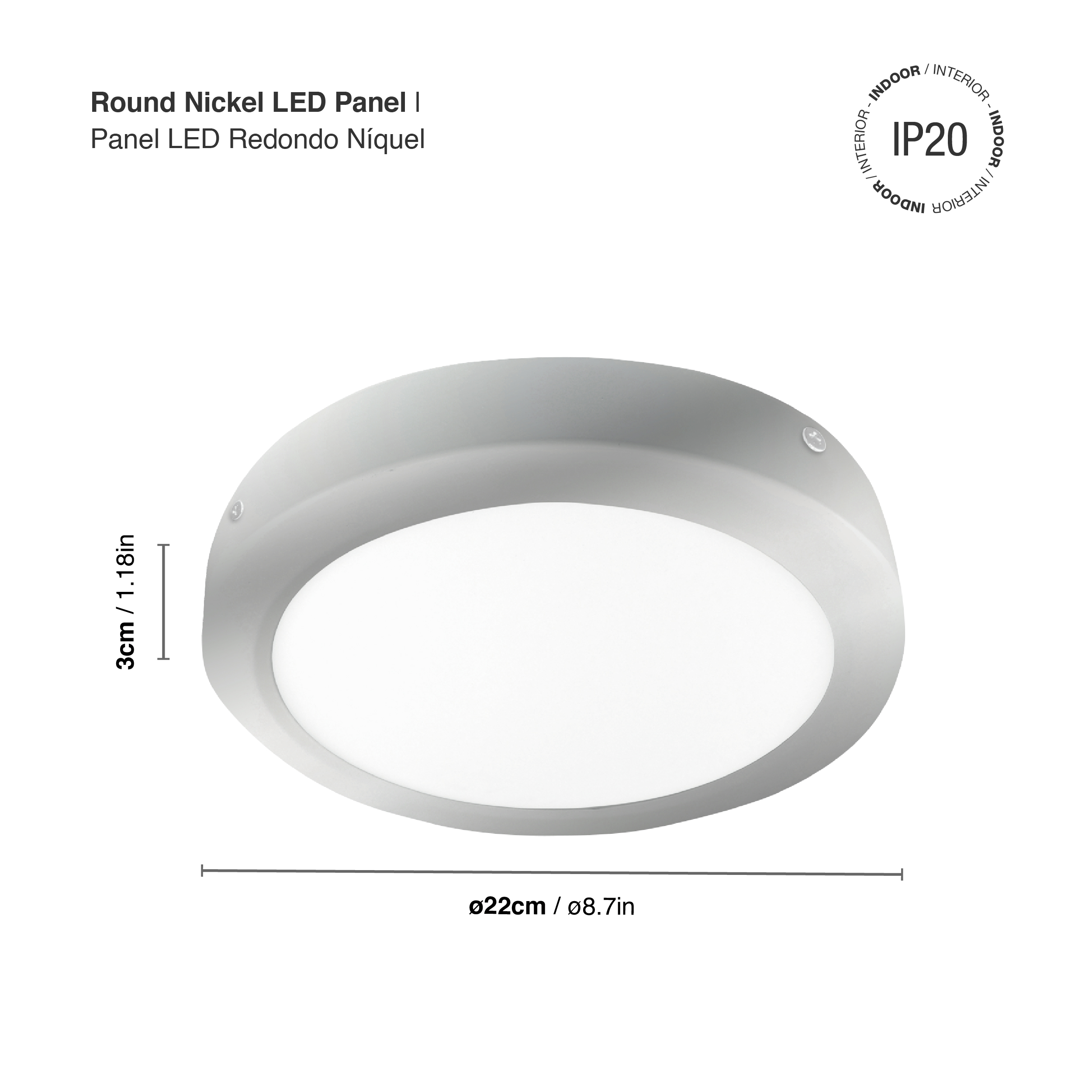 Plafón LED redondo níquel de 22cm, 18W 1230lm blanco Frío, aplicar