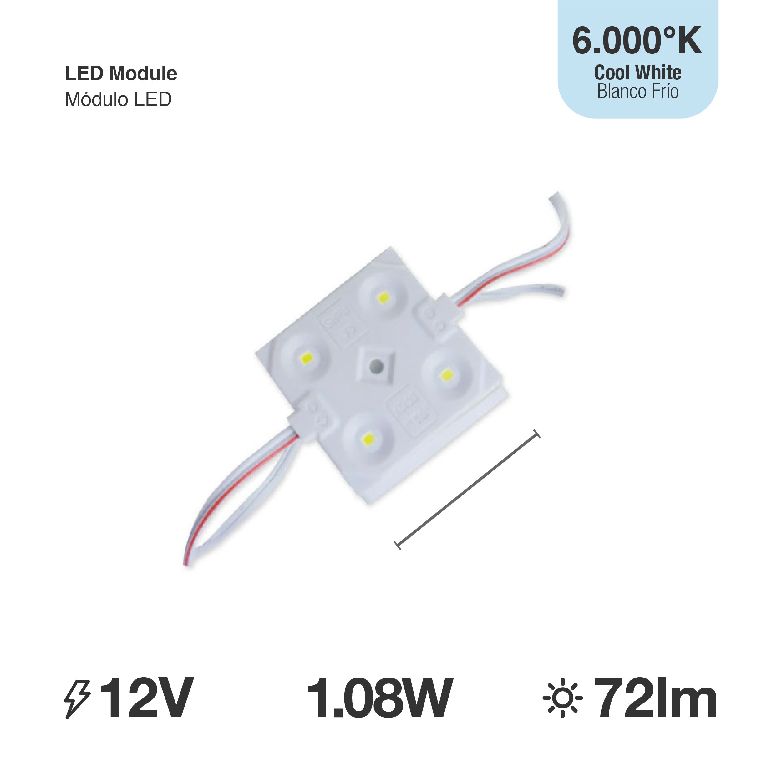 Módulo LED SMD2835, Frío 72Lm 6500K 4 LEDs 12V 1.08W, IP65
