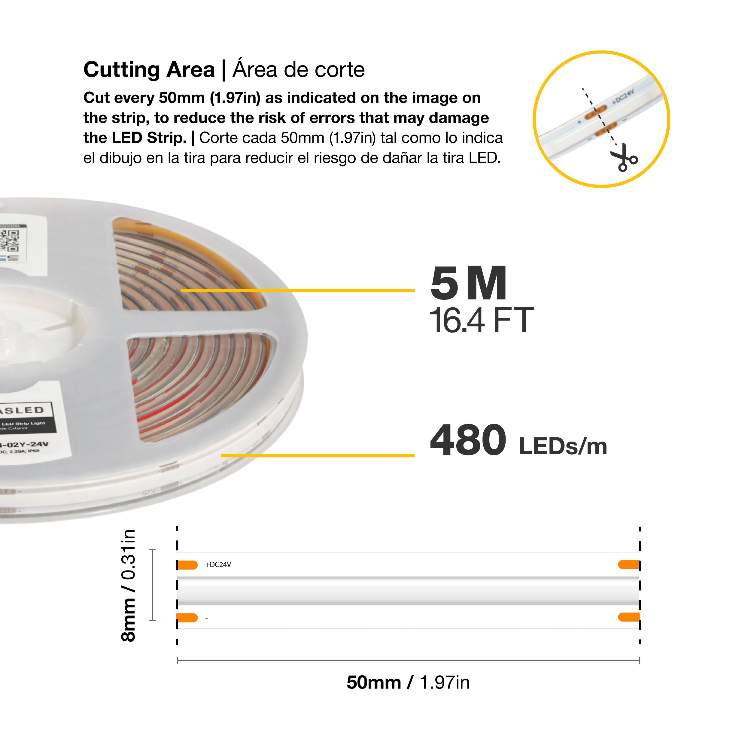Tira LED COB 24V 11W/m Amarillo 550lm/m, 8mm, IP68, 5m
